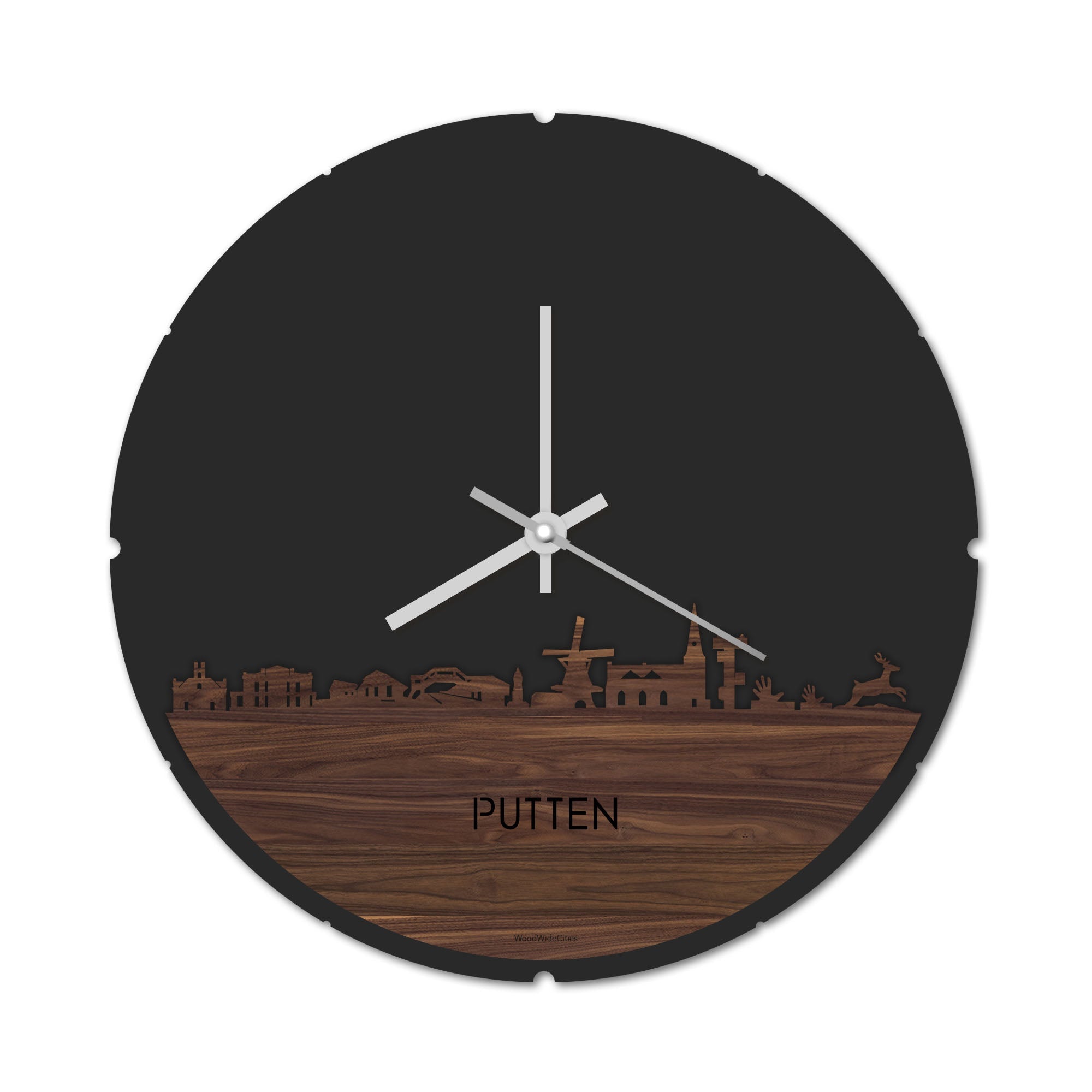 Skyline Klok Rond Putten Noten houten cadeau decoratie relatiegeschenk van WoodWideCities