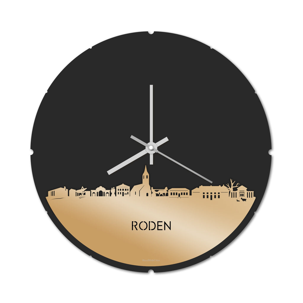 Skyline Klok Rond Roden Metallic Goud gerecycled kunststof cadeau decoratie relatiegeschenk van WoodWideCities