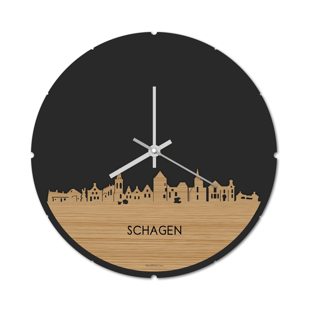 Skyline Klok Rond Schagen Bamboe houten cadeau decoratie relatiegeschenk van WoodWideCities