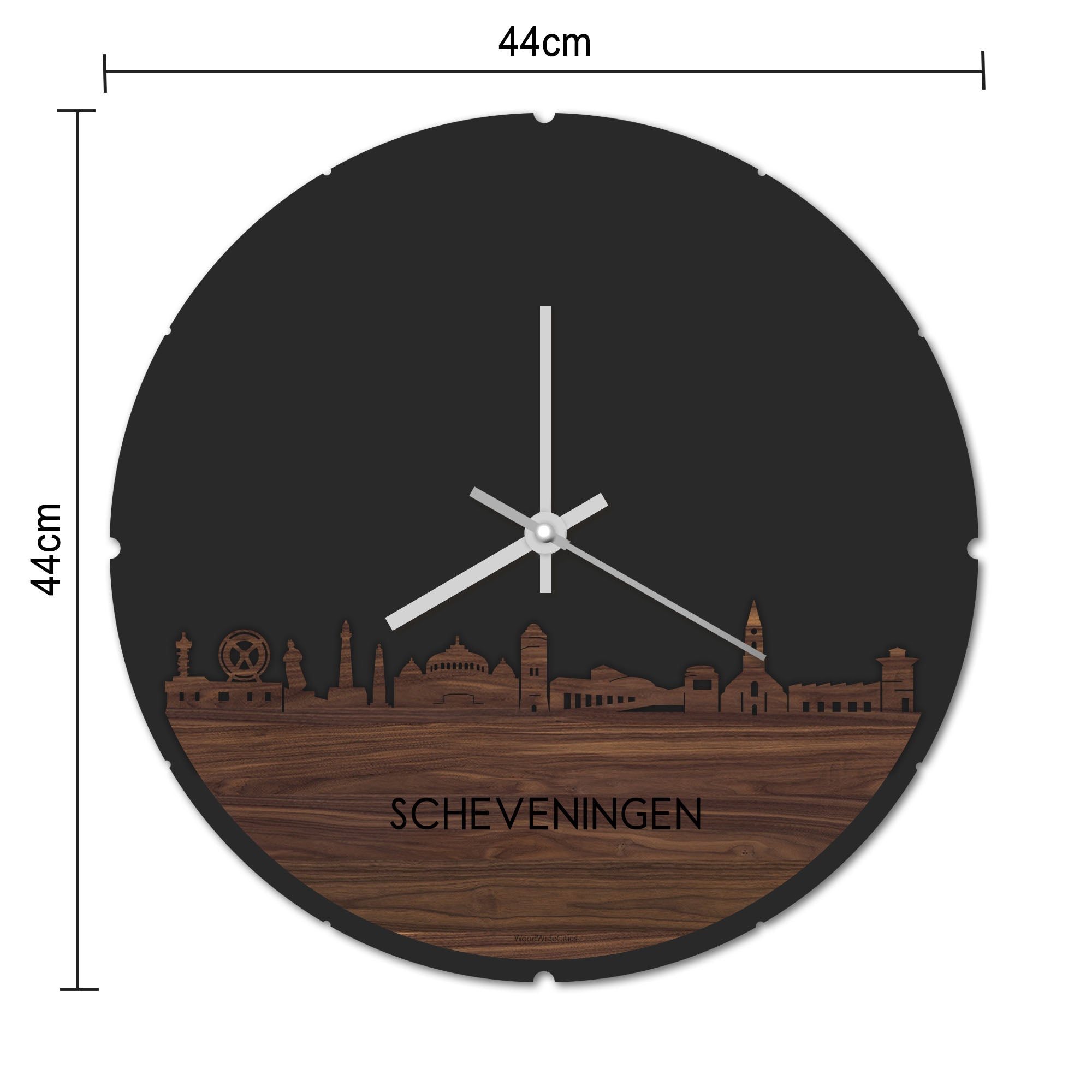 Skyline Klok Rond Scheveningen Bamboe houten cadeau decoratie relatiegeschenk van WoodWideCities