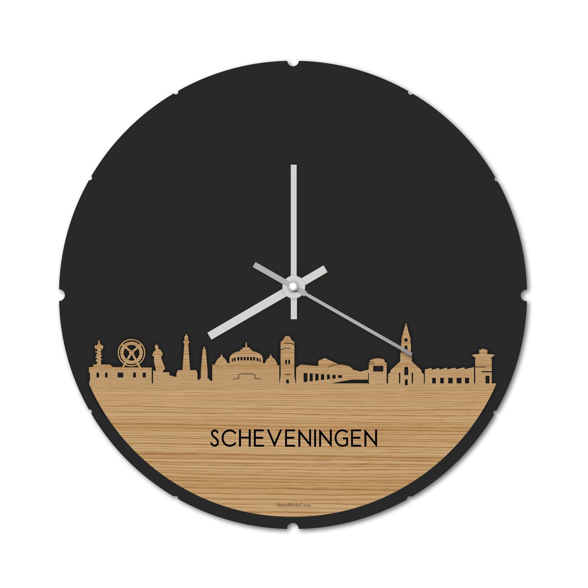 Skyline Klok Rond Scheveningen Bamboe houten cadeau decoratie relatiegeschenk van WoodWideCities