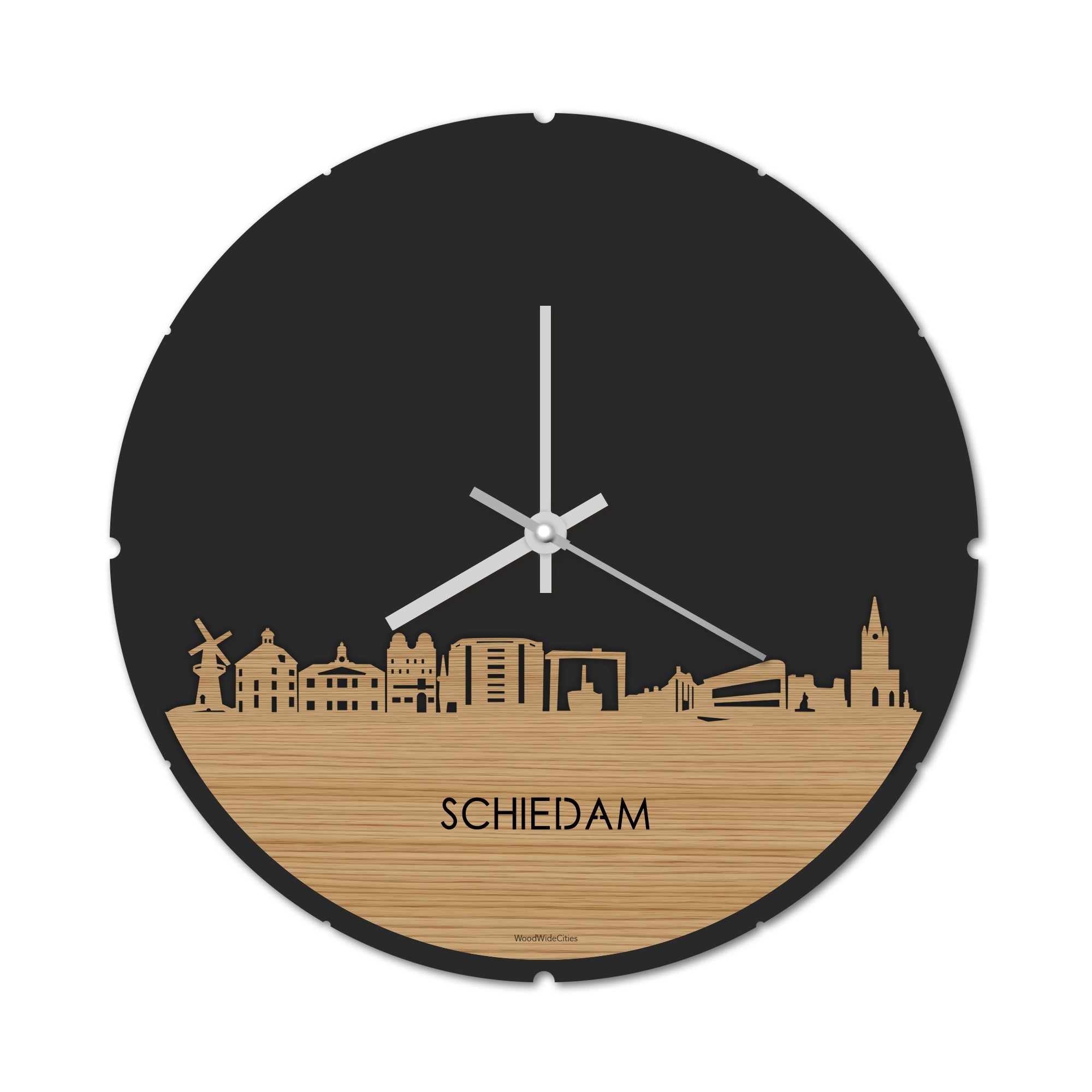 Skyline Klok Rond Schiedam Bamboe houten cadeau decoratie relatiegeschenk van WoodWideCities