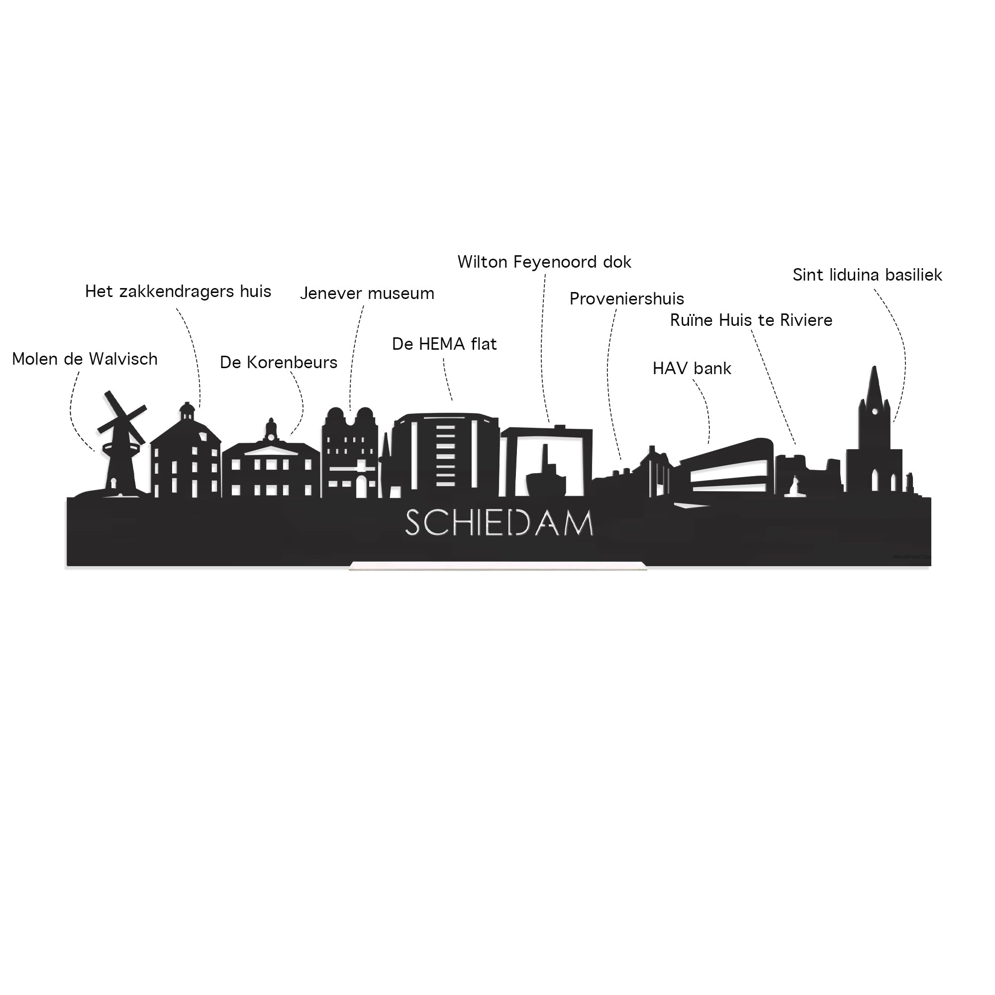 Skyline Klok Rond Schiedam Noten houten cadeau decoratie relatiegeschenk van WoodWideCities