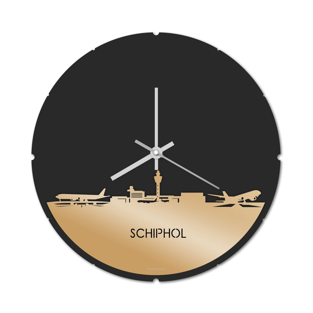 Skyline Klok Rond Schiphol Metallic Goud gerecycled kunststof cadeau decoratie relatiegeschenk van WoodWideCities