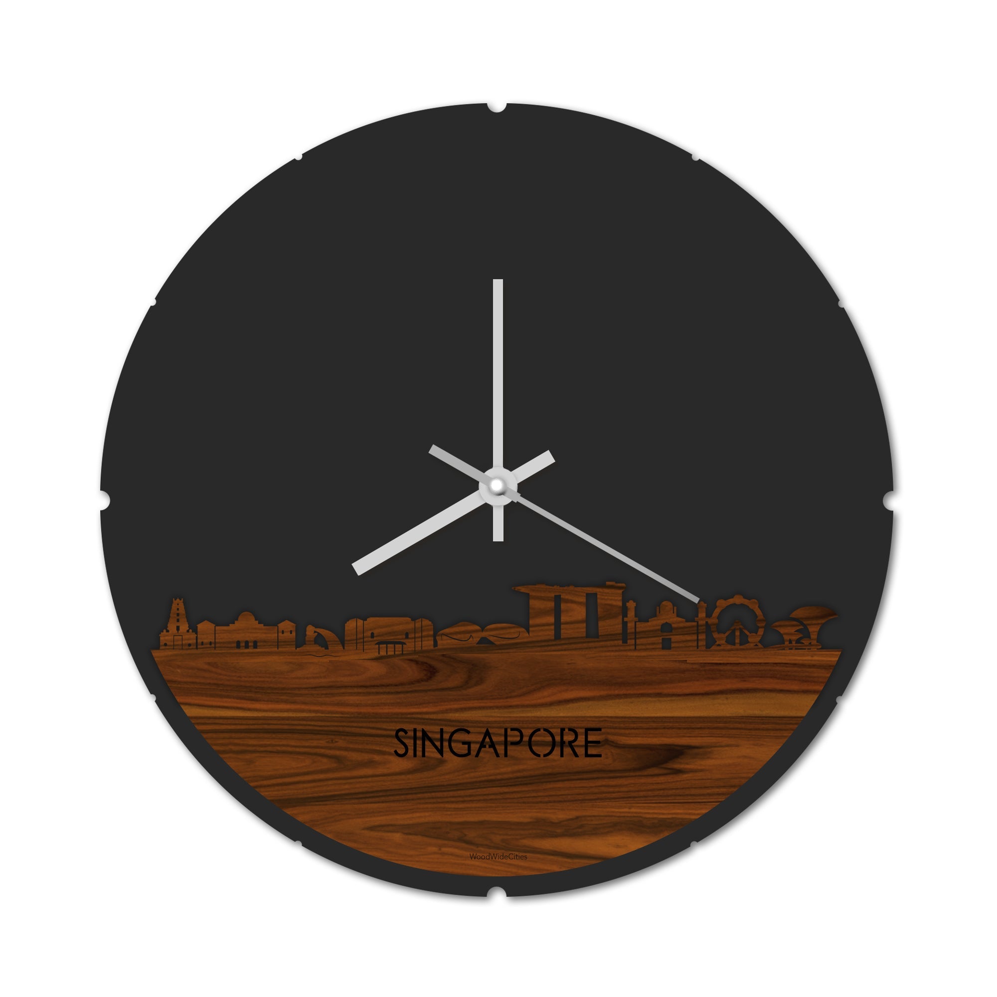 Skyline Klok Rond Singapore Palissander houten cadeau decoratie relatiegeschenk van WoodWideCities