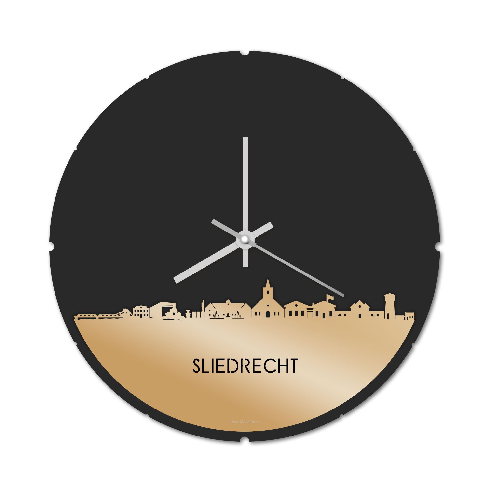 Skyline Klok Rond Sliedrecht Metallic Goud gerecycled kunststof cadeau decoratie relatiegeschenk van WoodWideCities