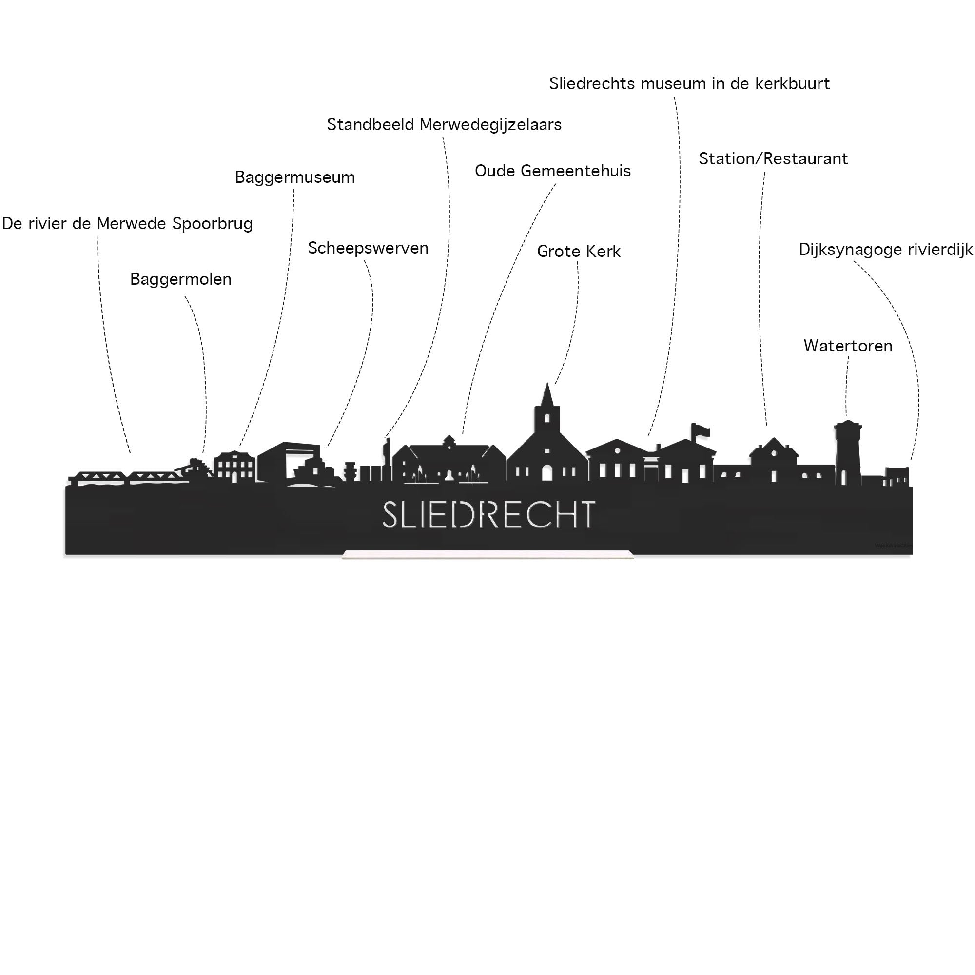 Skyline Klok Rond Sliedrecht Noten houten cadeau decoratie relatiegeschenk van WoodWideCities