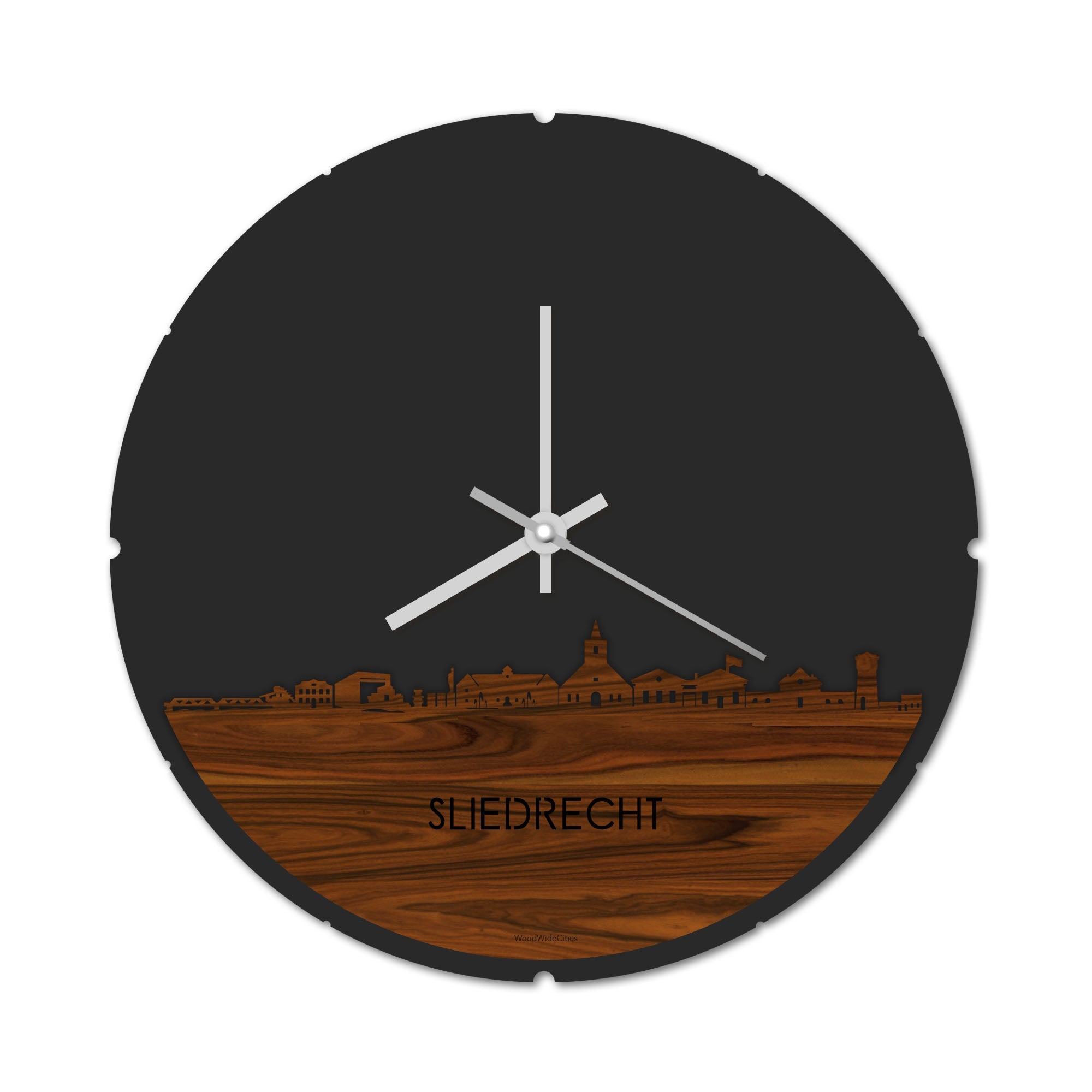 Skyline Klok Rond Sliedrecht Palissander houten cadeau decoratie relatiegeschenk van WoodWideCities