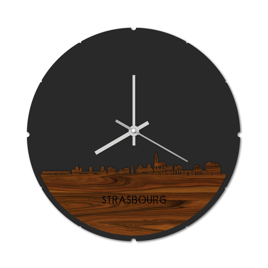 Skyline Klok Rond Strasbourg Palissander houten cadeau decoratie relatiegeschenk van WoodWideCities