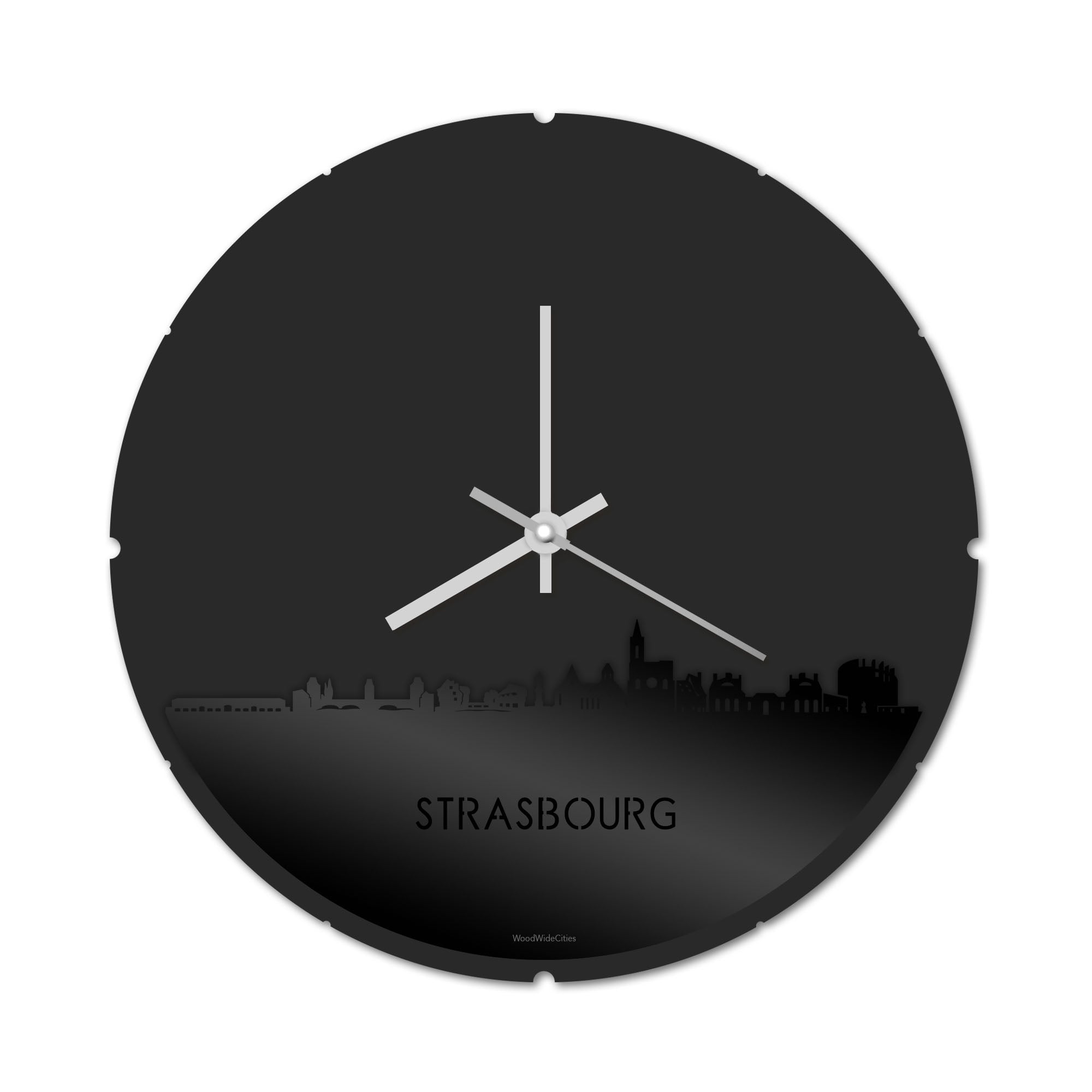 Skyline Klok Rond Strasbourg Zwart glanzend gerecycled kunststof cadeau decoratie relatiegeschenk van WoodWideCities