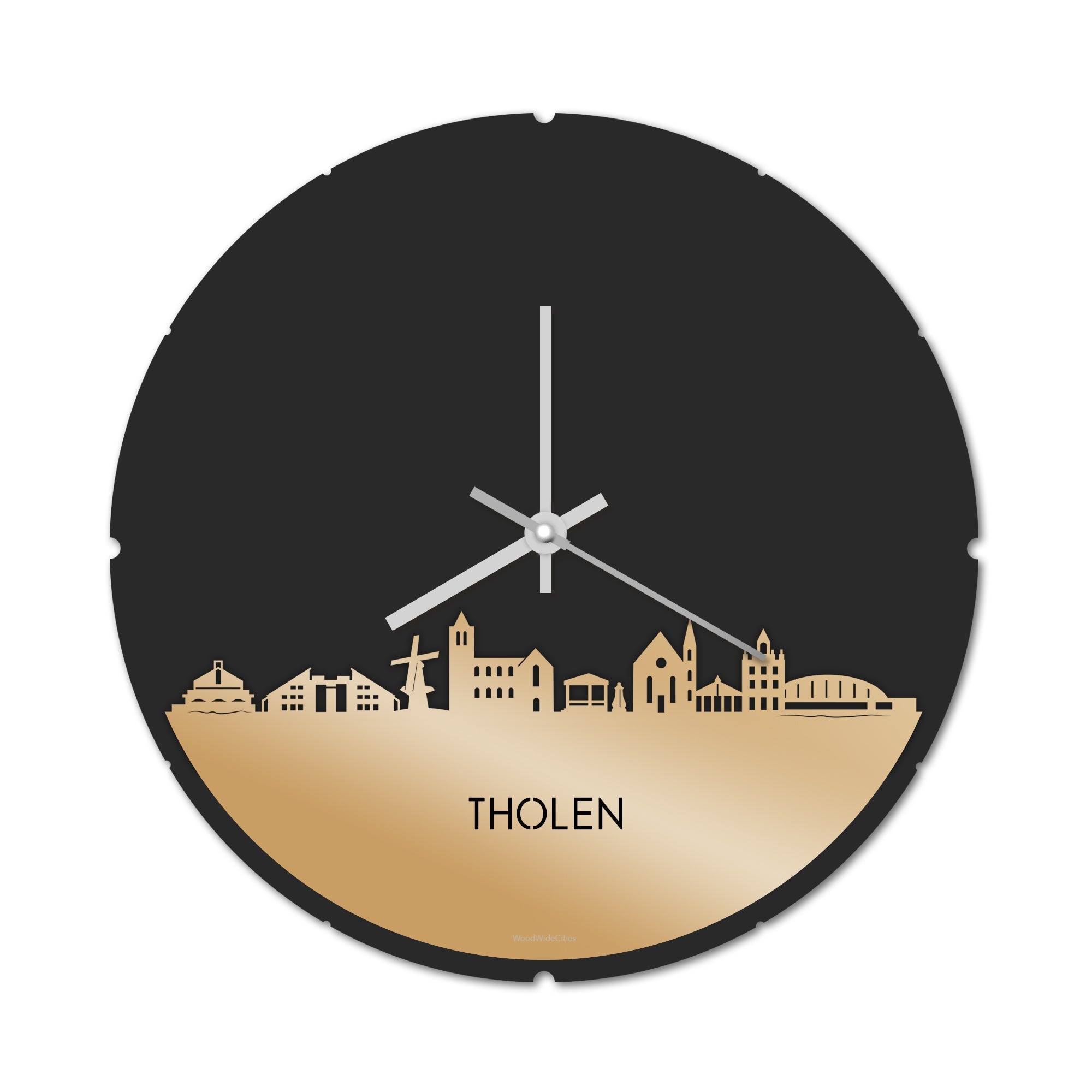 Skyline Klok Rond Tholen Metallic Goud gerecycled kunststof cadeau decoratie relatiegeschenk van WoodWideCities