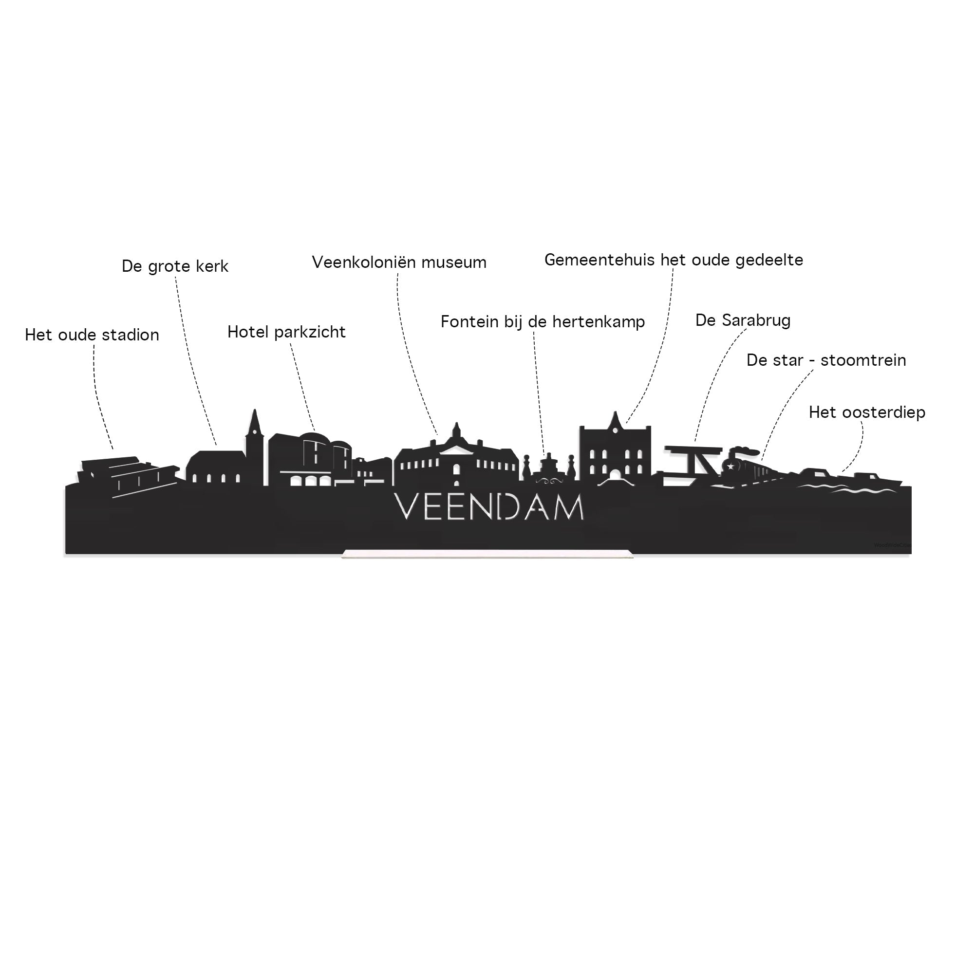 Skyline Klok Rond Veendam Zwart glanzend gerecycled kunststof cadeau decoratie relatiegeschenk van WoodWideCities