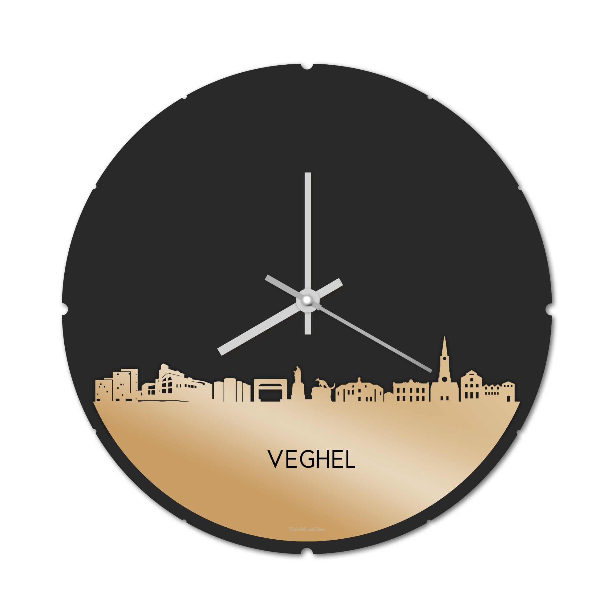 Skyline Klok Rond Veghel Metallic Goud gerecycled kunststof cadeau decoratie relatiegeschenk van WoodWideCities