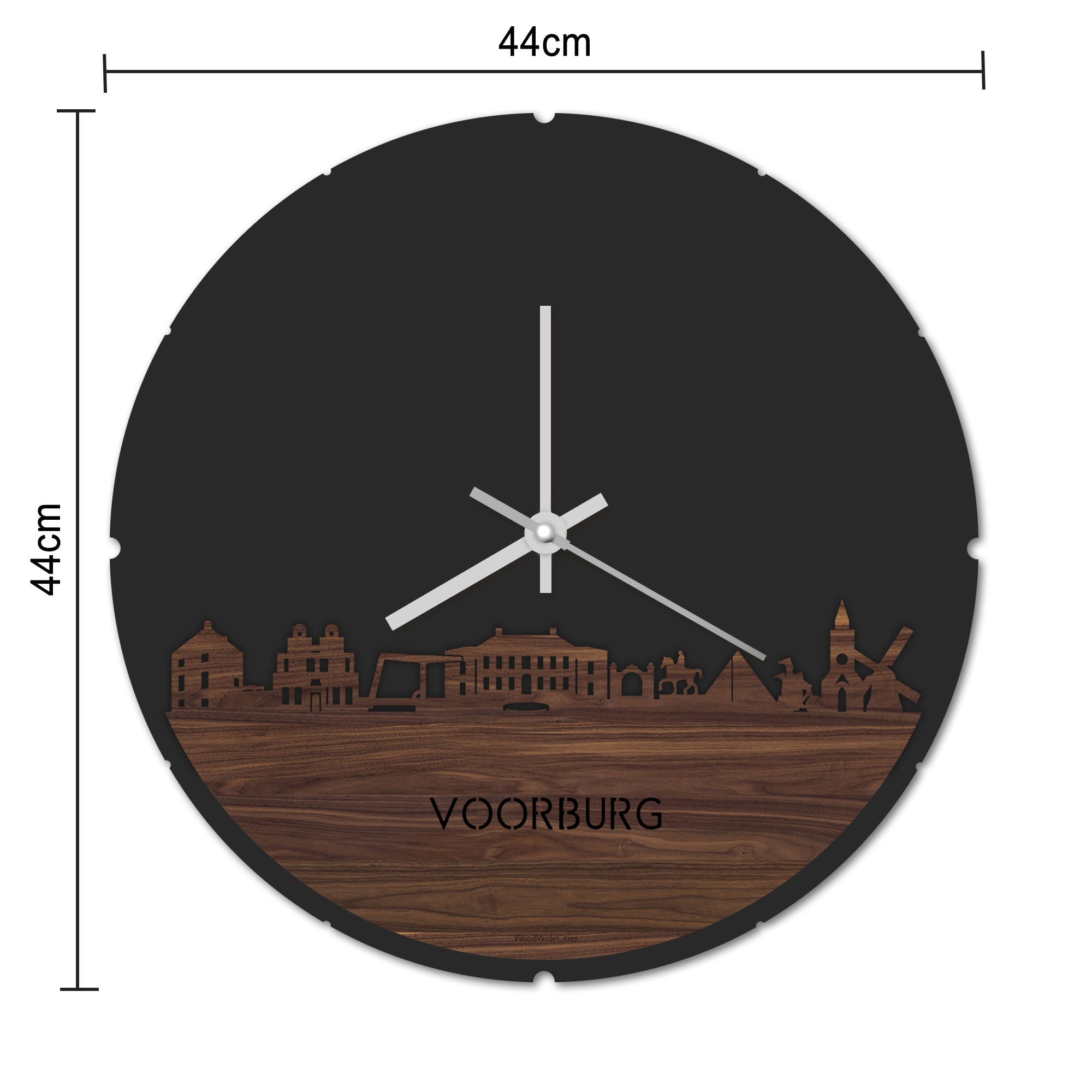 Skyline Klok Rond Voorburg Eiken houten cadeau decoratie relatiegeschenk van WoodWideCities