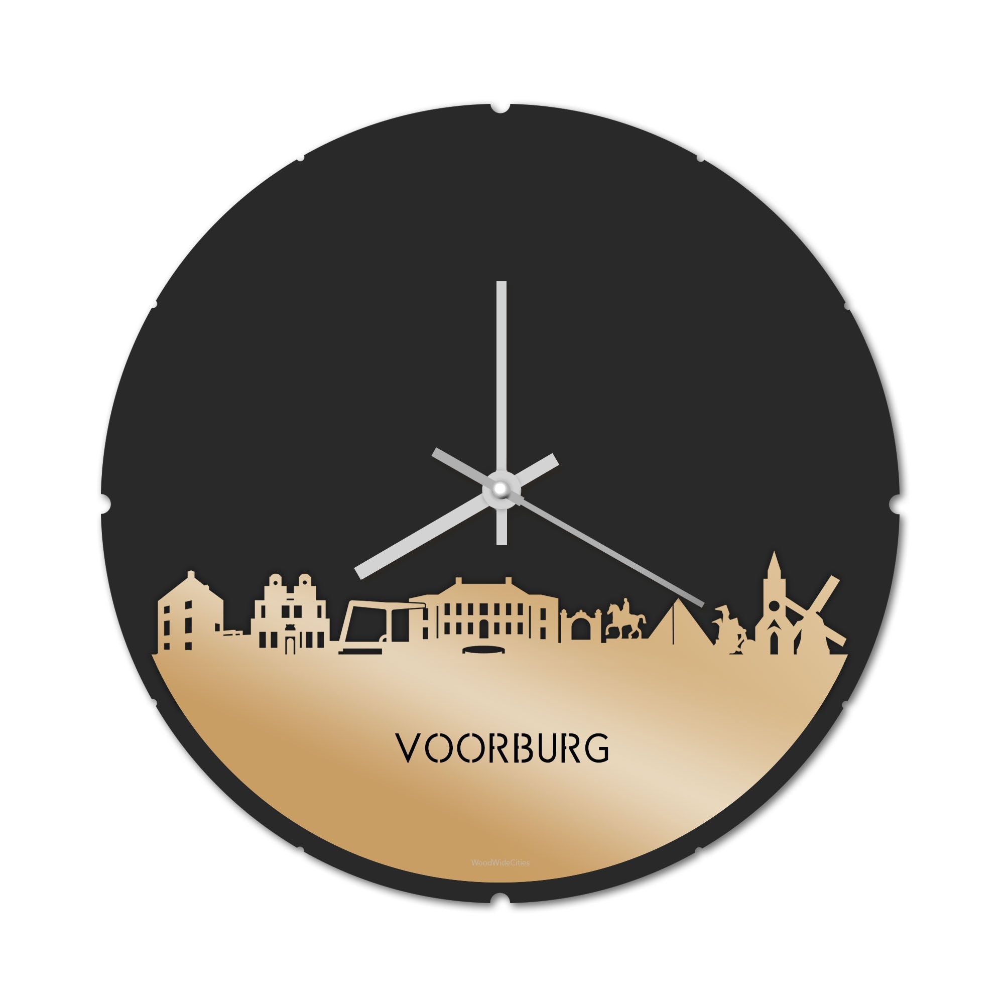 Skyline Klok Rond Voorburg Metallic Goud gerecycled kunststof cadeau decoratie relatiegeschenk van WoodWideCities