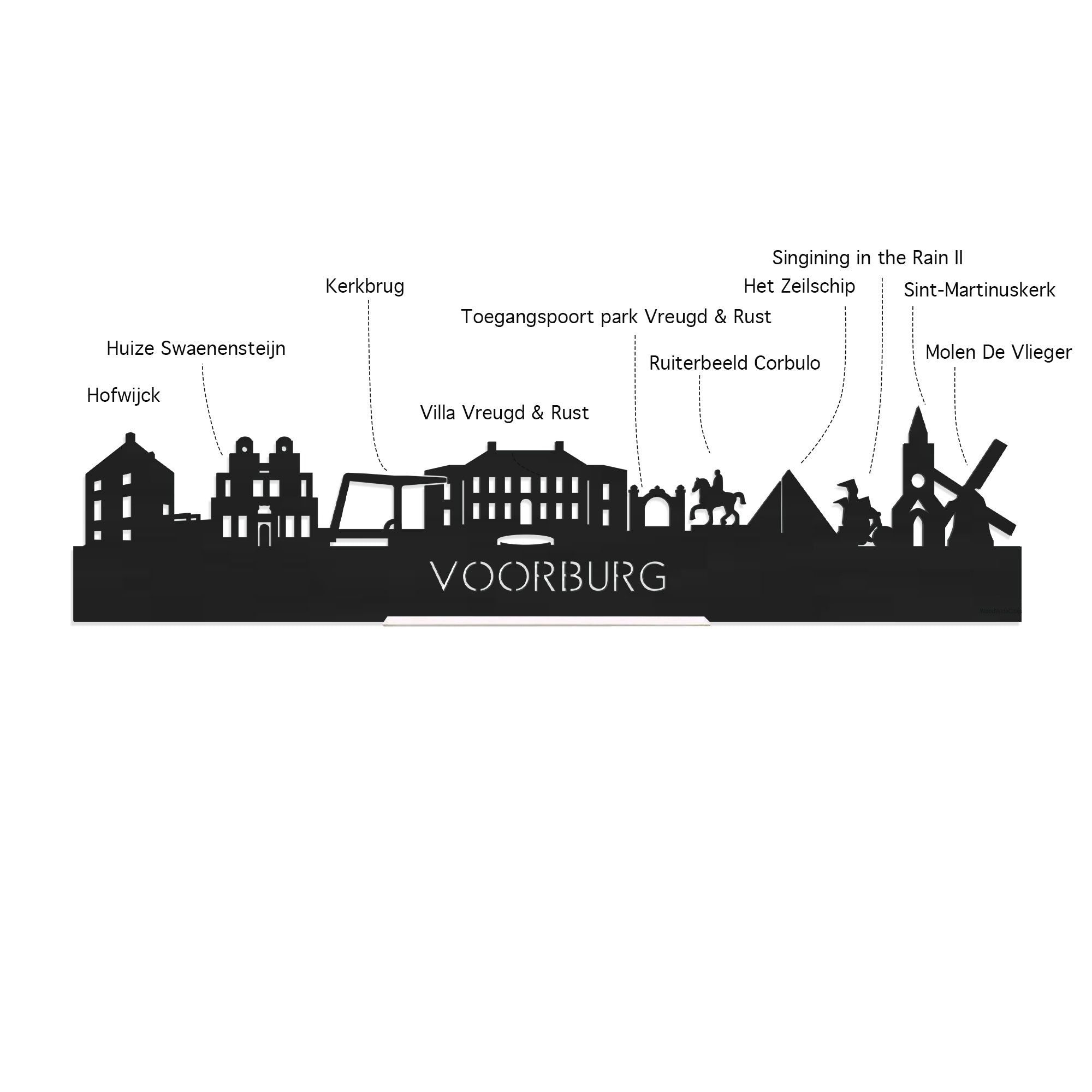 Skyline Klok Rond Voorburg Noten houten cadeau decoratie relatiegeschenk van WoodWideCities