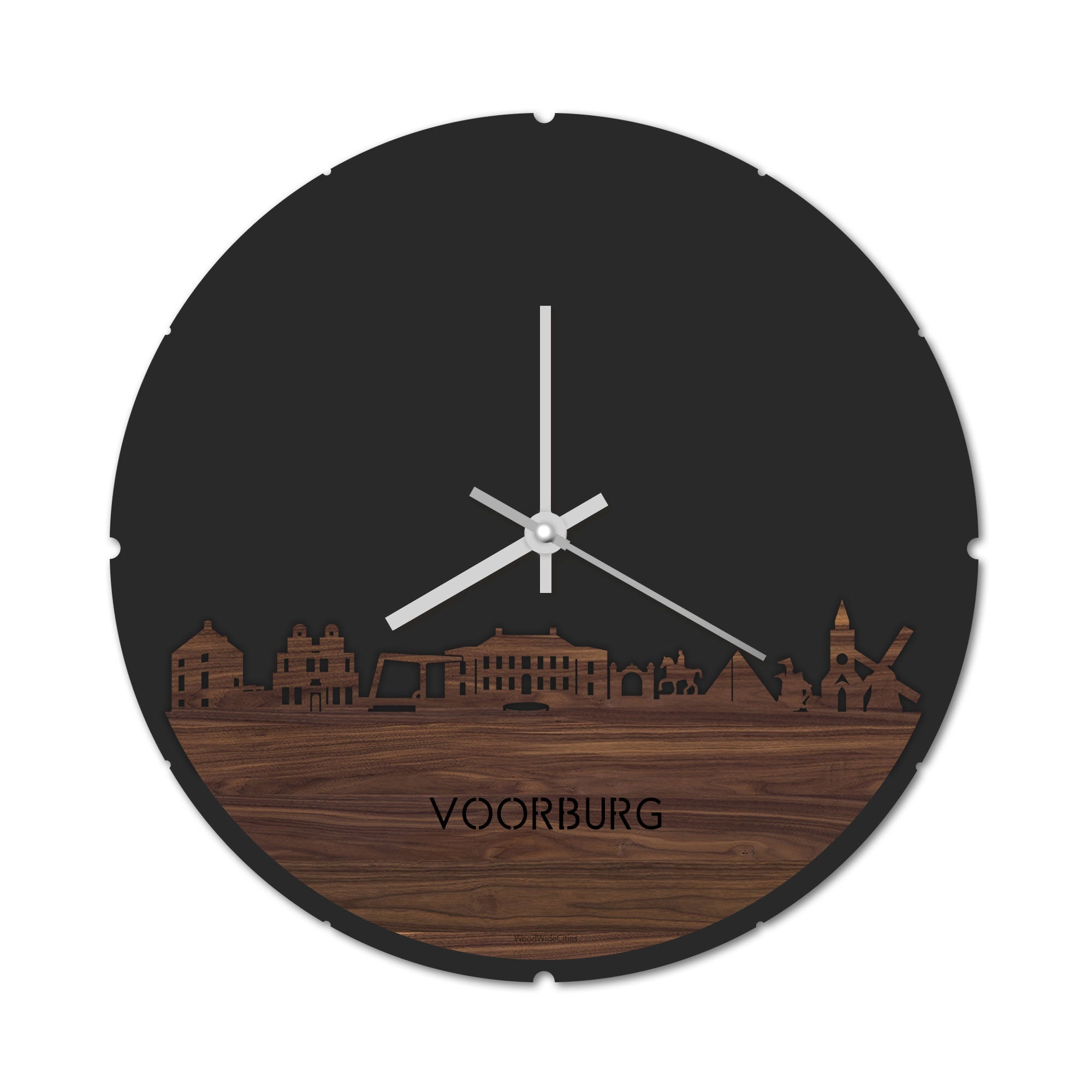 Skyline Klok Rond Voorburg Noten houten cadeau decoratie relatiegeschenk van WoodWideCities