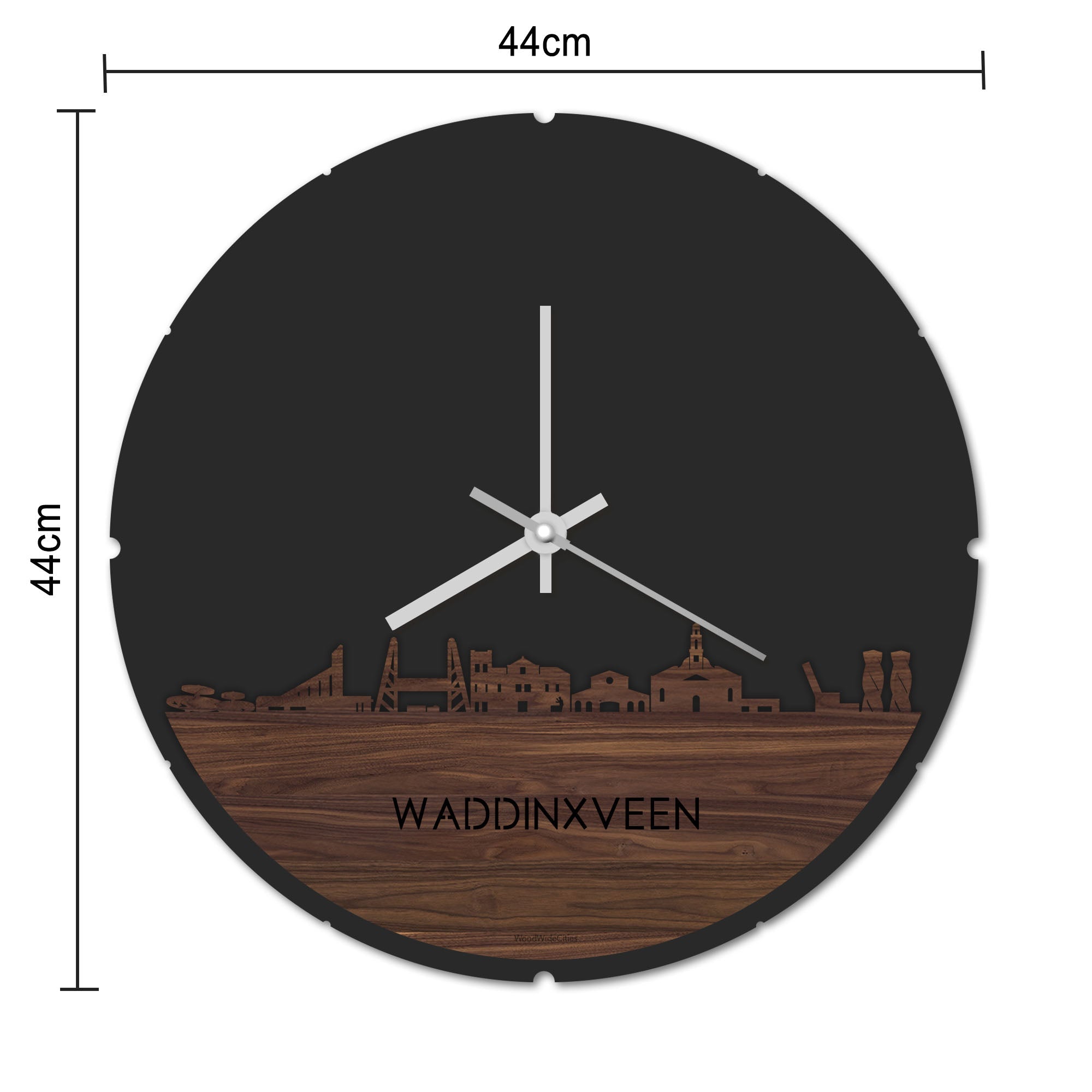 Skyline Klok Rond Waddinxveen Palissander houten cadeau decoratie relatiegeschenk van WoodWideCities