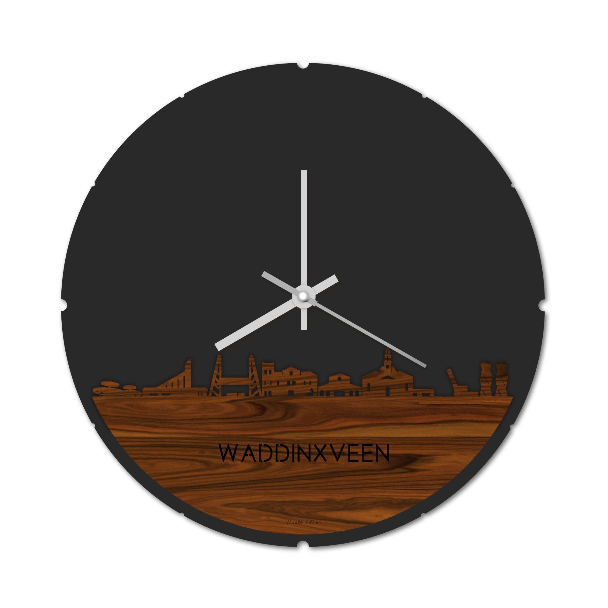 Skyline Klok Rond Waddinxveen Palissander houten cadeau decoratie relatiegeschenk van WoodWideCities