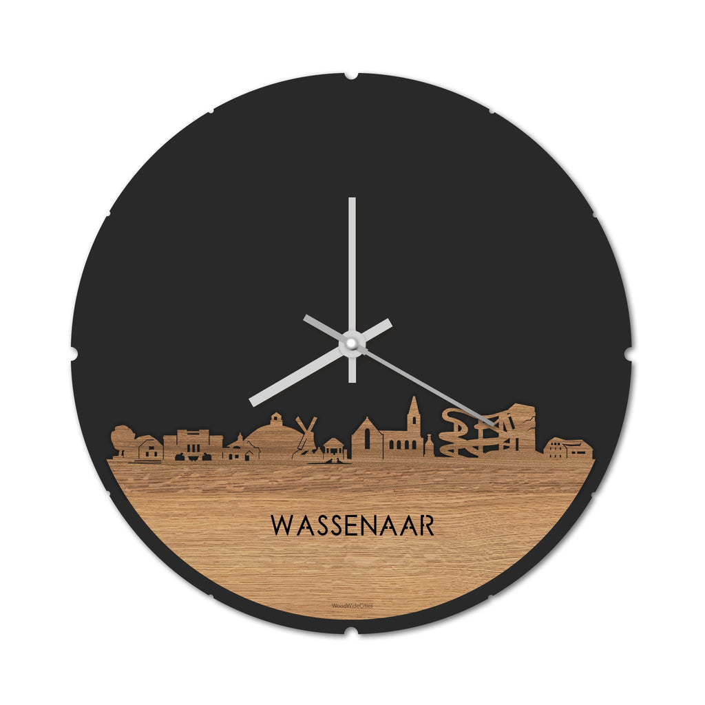 Skyline Klok Rond Wassenaar Eiken houten cadeau decoratie relatiegeschenk van WoodWideCities