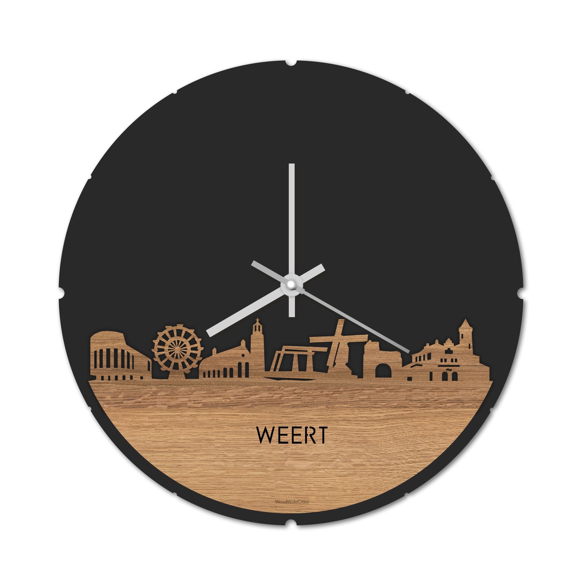 Skyline Klok Rond Weert Eiken houten cadeau decoratie relatiegeschenk van WoodWideCities