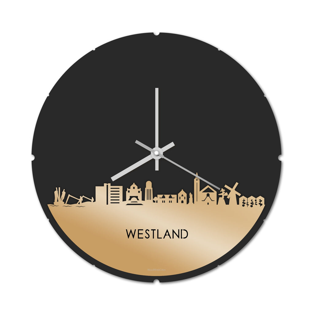 Skyline Klok Rond Westland Metallic Goud gerecycled kunststof cadeau decoratie relatiegeschenk van WoodWideCities