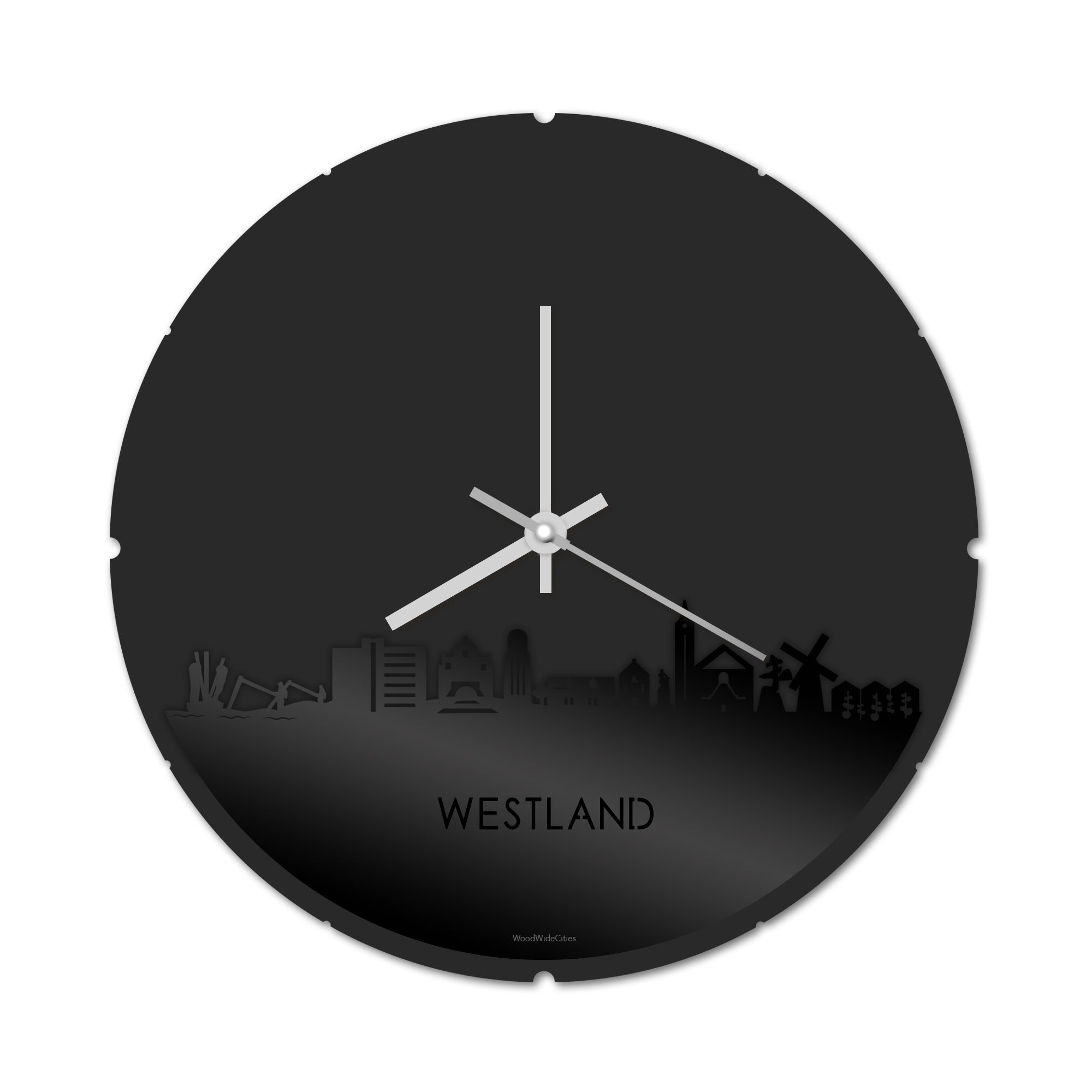 Skyline Klok Rond Westland Zwart glanzend gerecycled kunststof cadeau decoratie relatiegeschenk van WoodWideCities