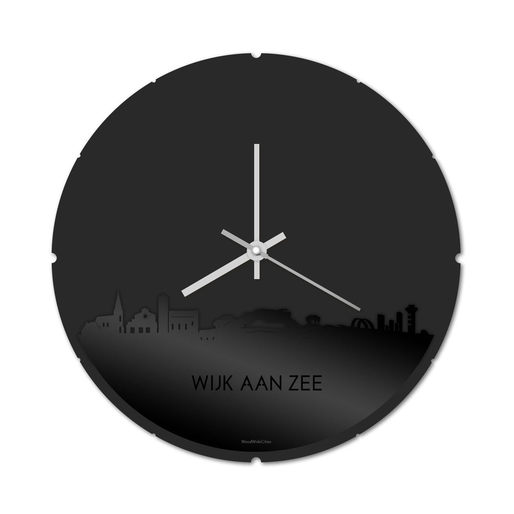 Skyline Klok Rond Wijk aan Zee Zwart glanzend gerecycled kunststof cadeau decoratie relatiegeschenk van WoodWideCities