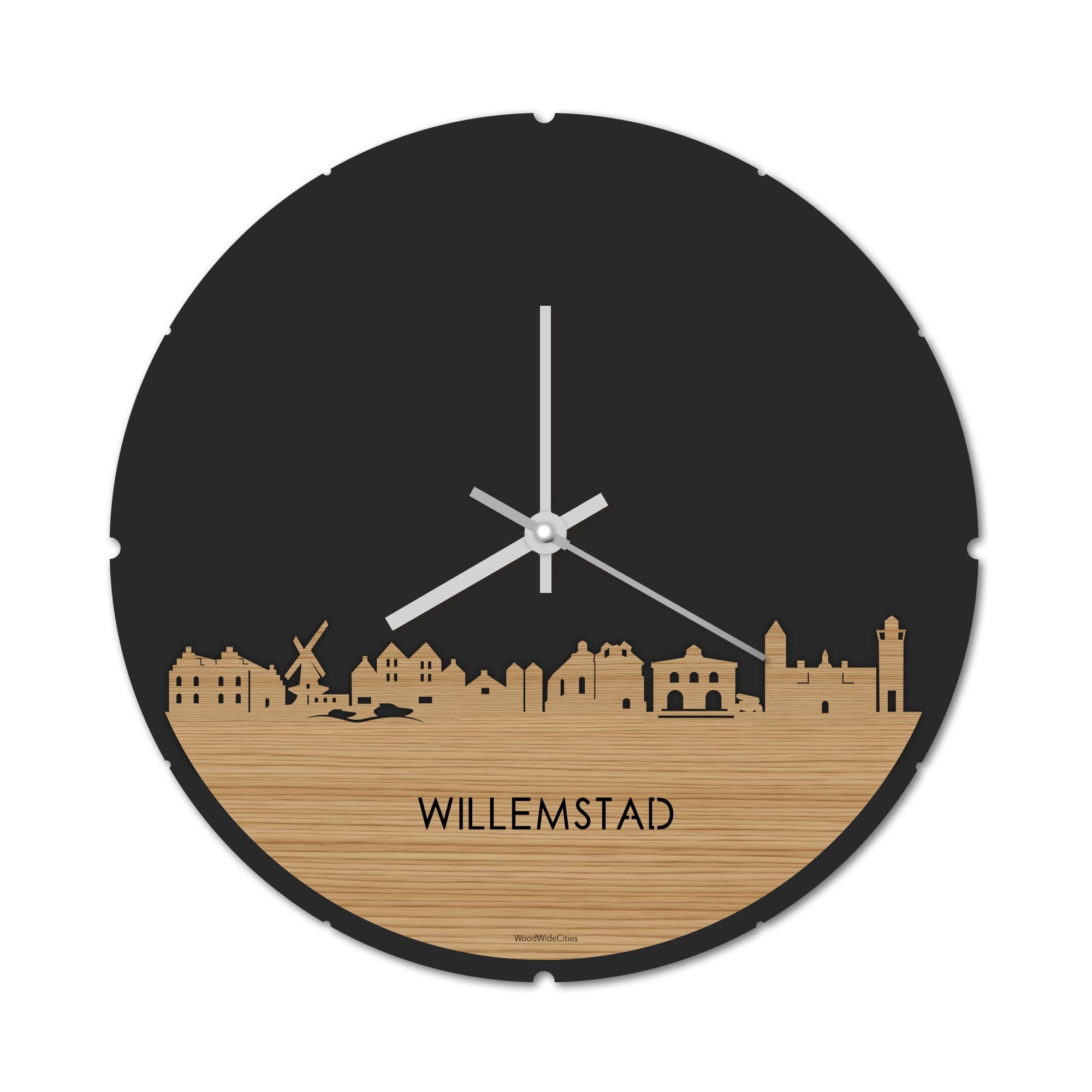 Skyline Klok Rond Willemstad Bamboe houten cadeau decoratie relatiegeschenk van WoodWideCities