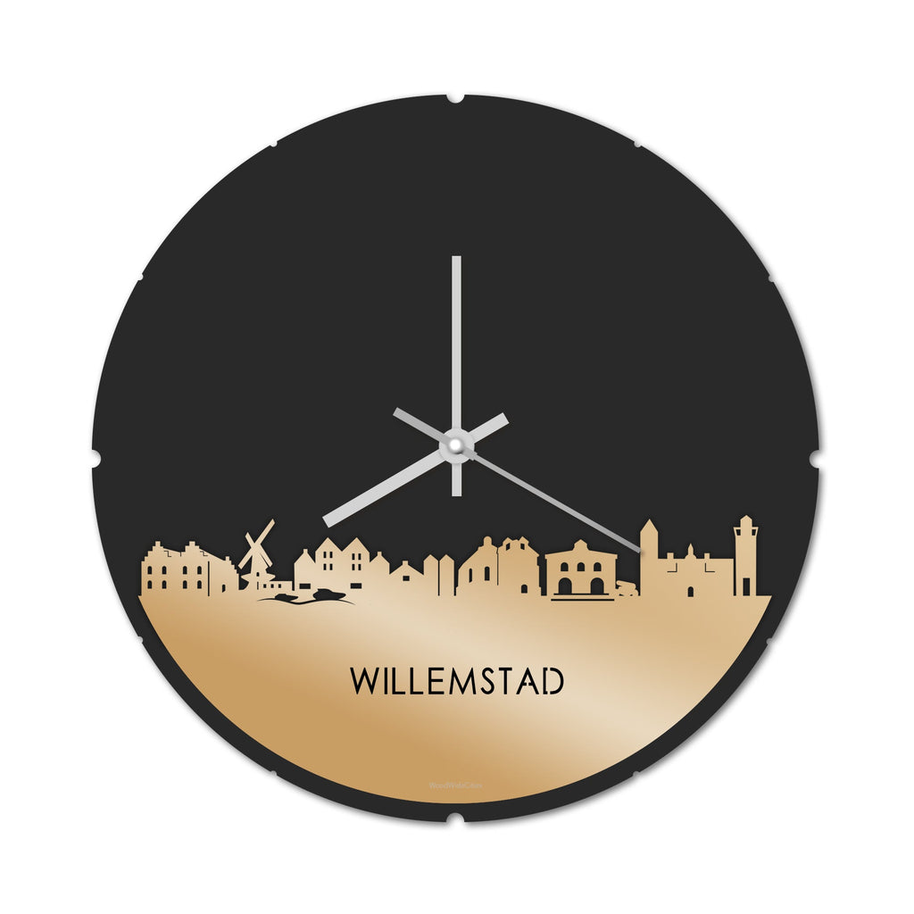 Skyline Klok Rond Willemstad Metallic Goud gerecycled kunststof cadeau decoratie relatiegeschenk van WoodWideCities