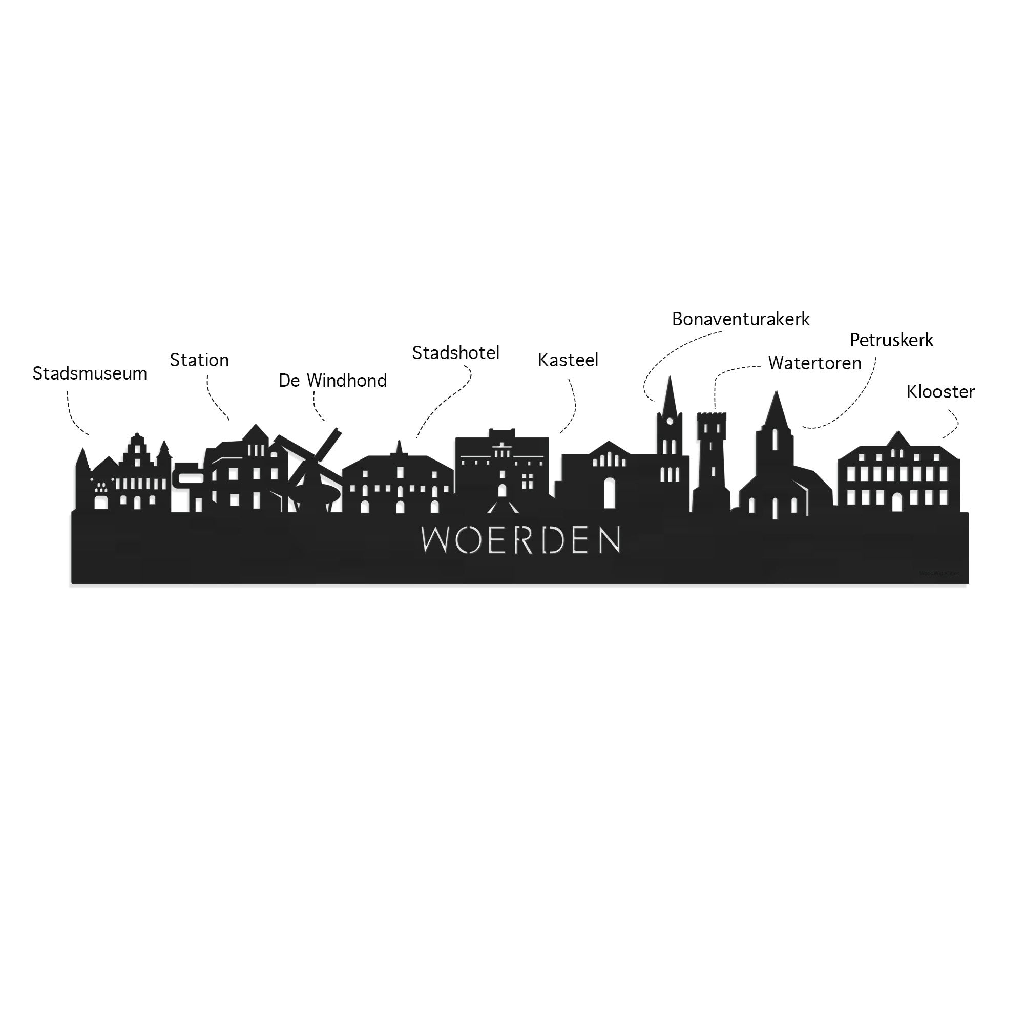 Skyline Klok Rond Woerden Zwart Glanzend houten cadeau decoratie relatiegeschenk van WoodWideCities