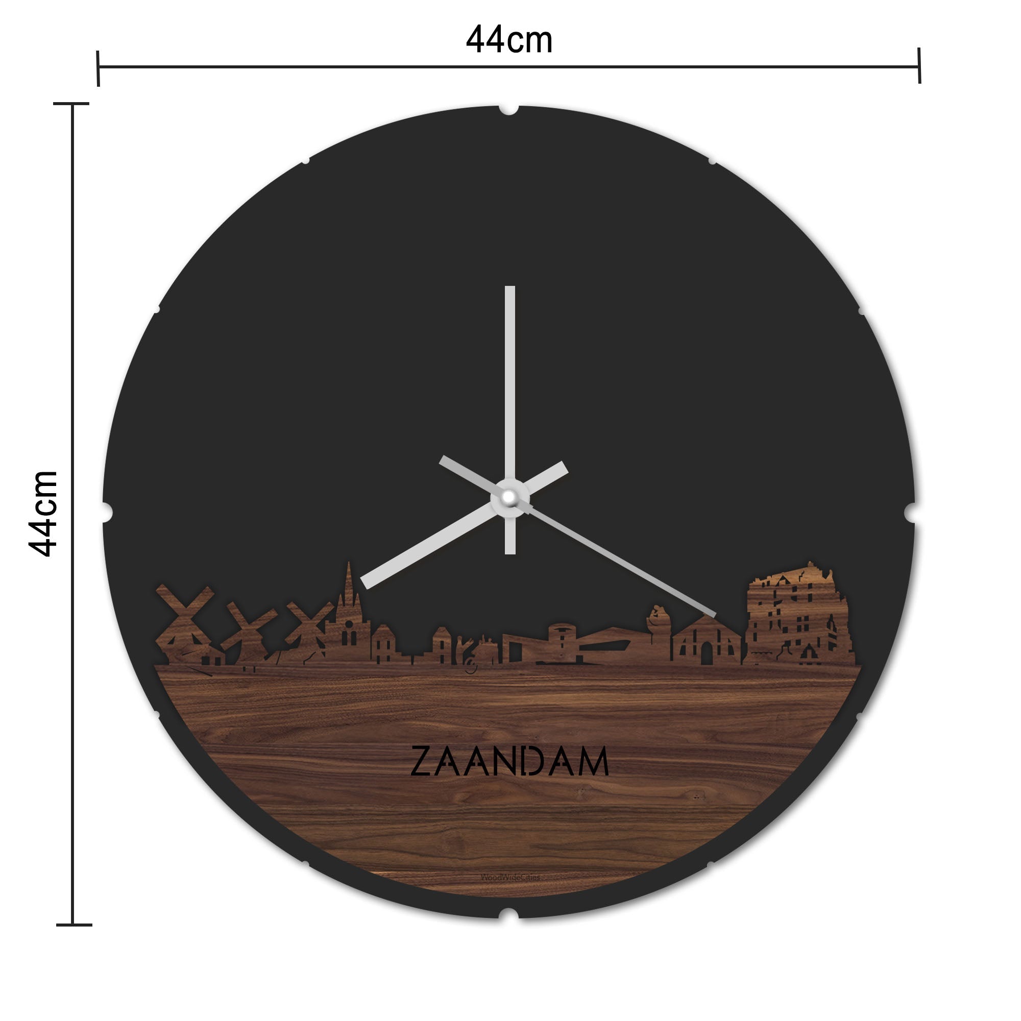 Skyline Klok Rond Zaandam Noten houten cadeau decoratie relatiegeschenk van WoodWideCities