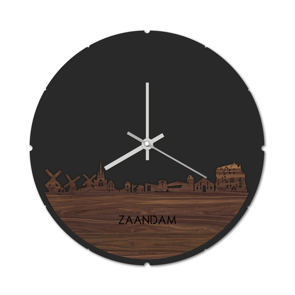 Skyline Klok Rond Zaandam Noten houten cadeau decoratie relatiegeschenk van WoodWideCities