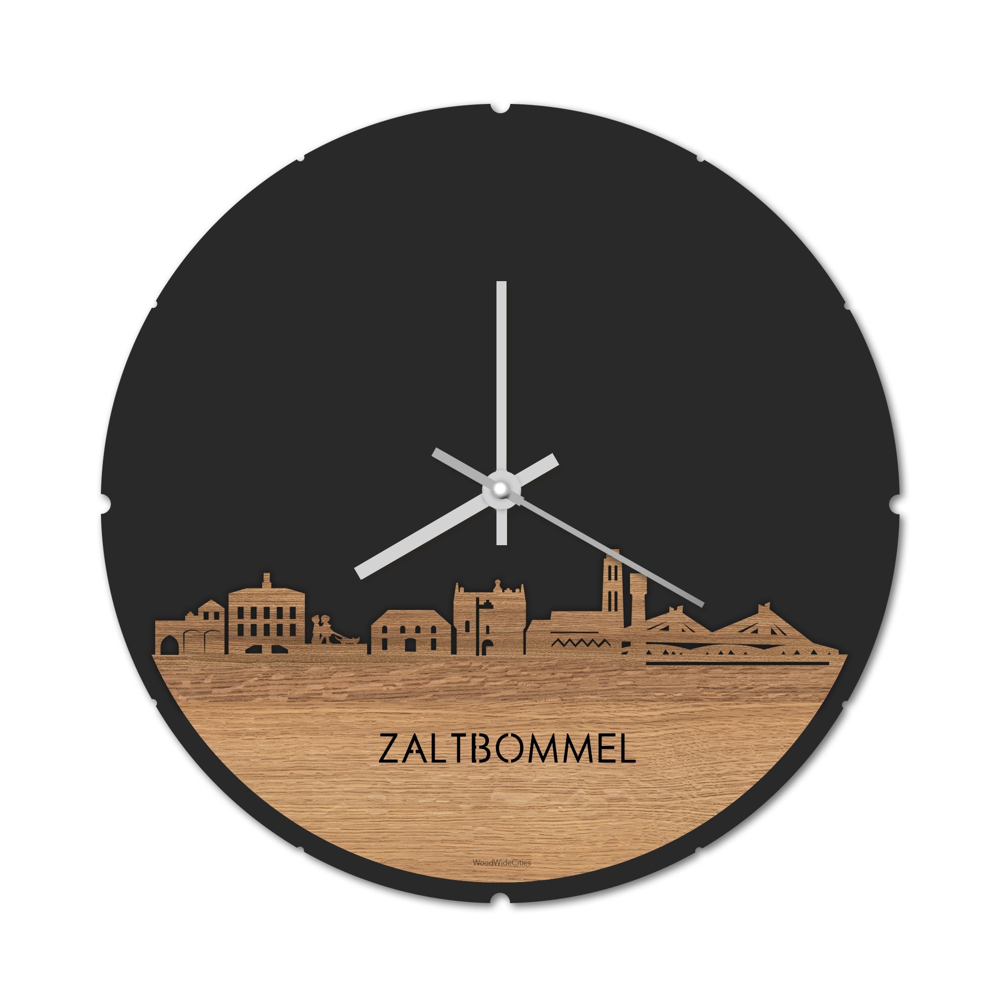 Skyline Klok Rond Zaltbommel Eiken houten cadeau decoratie relatiegeschenk van WoodWideCities