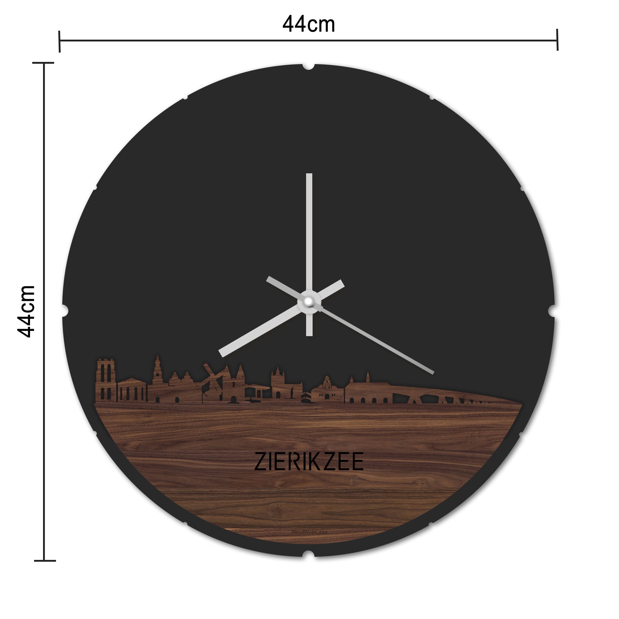 Skyline Klok Rond Zierikzee Noten houten cadeau decoratie relatiegeschenk van WoodWideCities