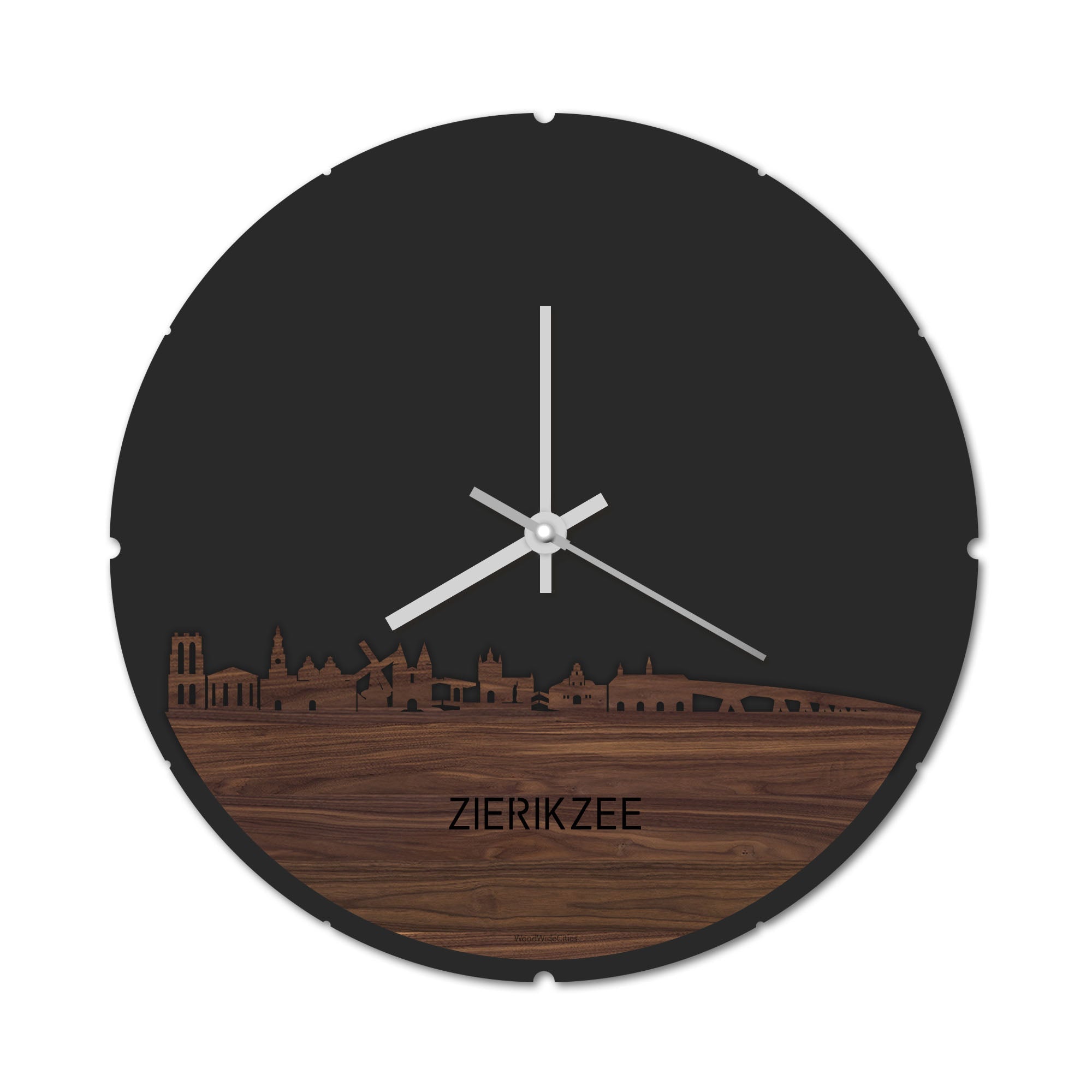 Skyline Klok Rond Zierikzee Noten houten cadeau decoratie relatiegeschenk van WoodWideCities