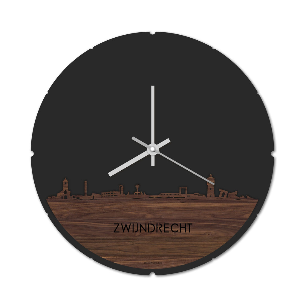 Skyline Klok Rond Zwijndrecht Noten houten cadeau decoratie relatiegeschenk van WoodWideCities