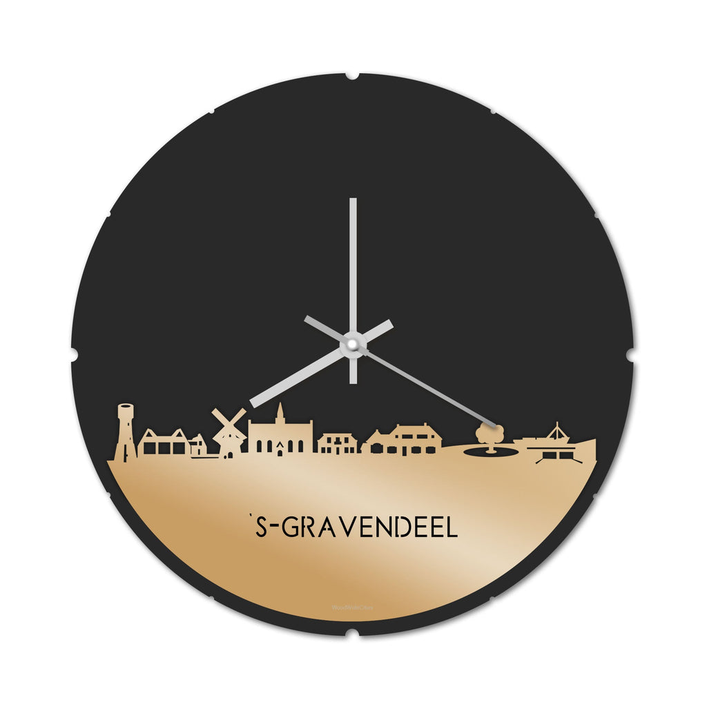 Skyline Klok Rond 's-Gravendeel Metallic Goud gerecycled kunststof cadeau decoratie relatiegeschenk van WoodWideCities