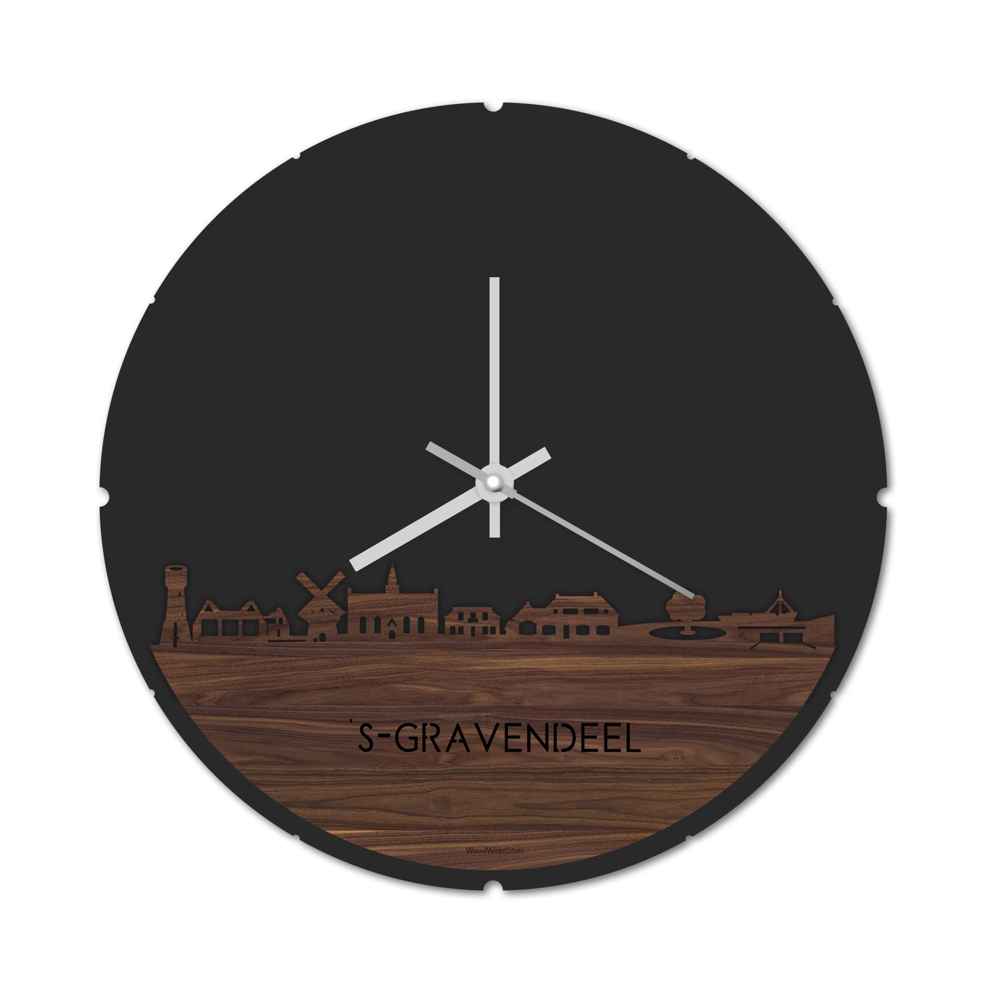 Skyline Klok Rond 's-Gravendeel Noten houten cadeau decoratie relatiegeschenk van WoodWideCities