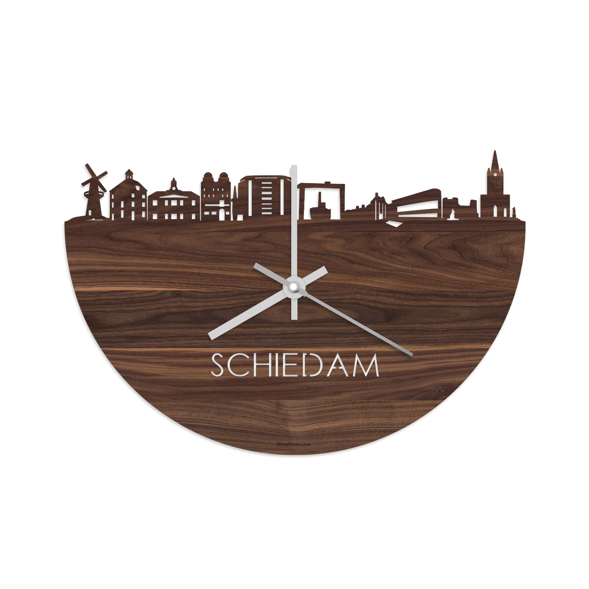 Skyline Klok Schiedam Noten houten cadeau decoratie relatiegeschenk van WoodWideCities