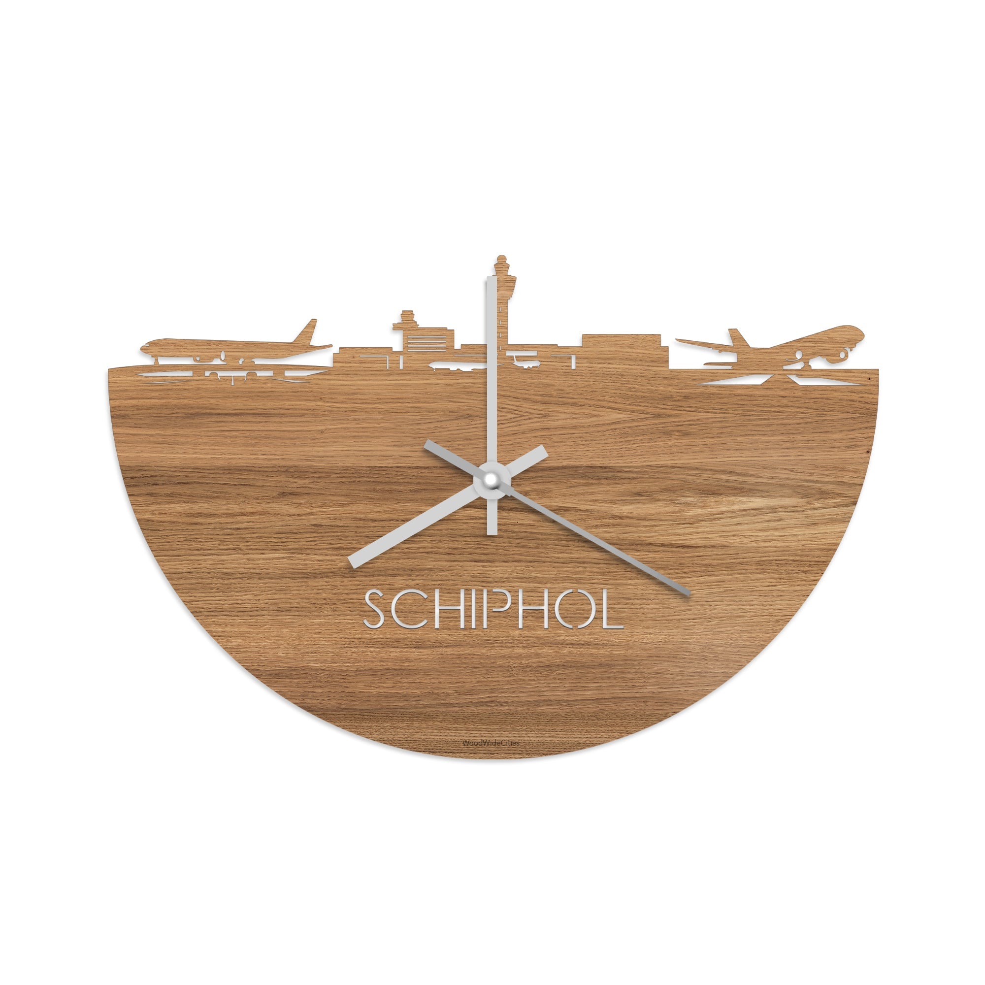 Skyline Klok Schiphol Eiken houten cadeau wanddecoratie relatiegeschenk van WoodWideCities