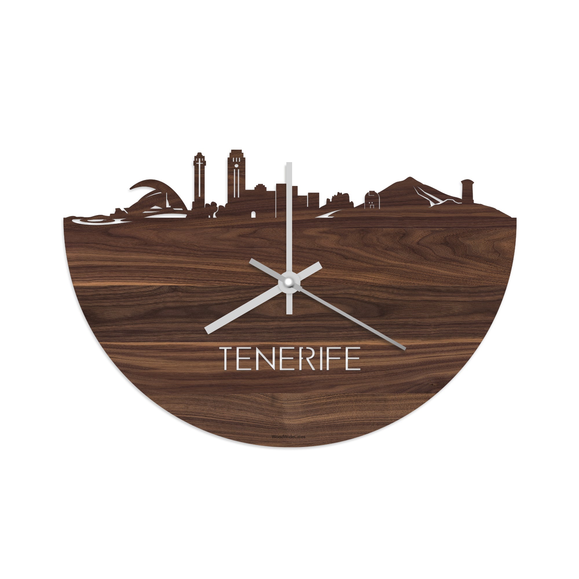 Skyline Klok Tenerife Noten houten cadeau decoratie relatiegeschenk van WoodWideCities