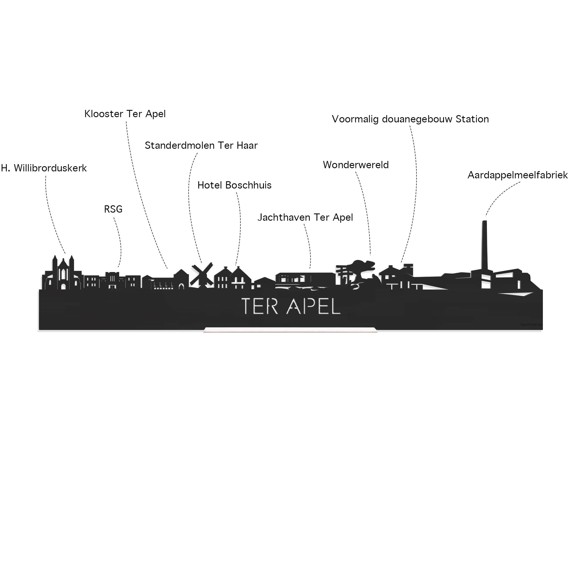 Skyline Klok Ter Apel Black Zwart houten cadeau decoratie relatiegeschenk van WoodWideCities