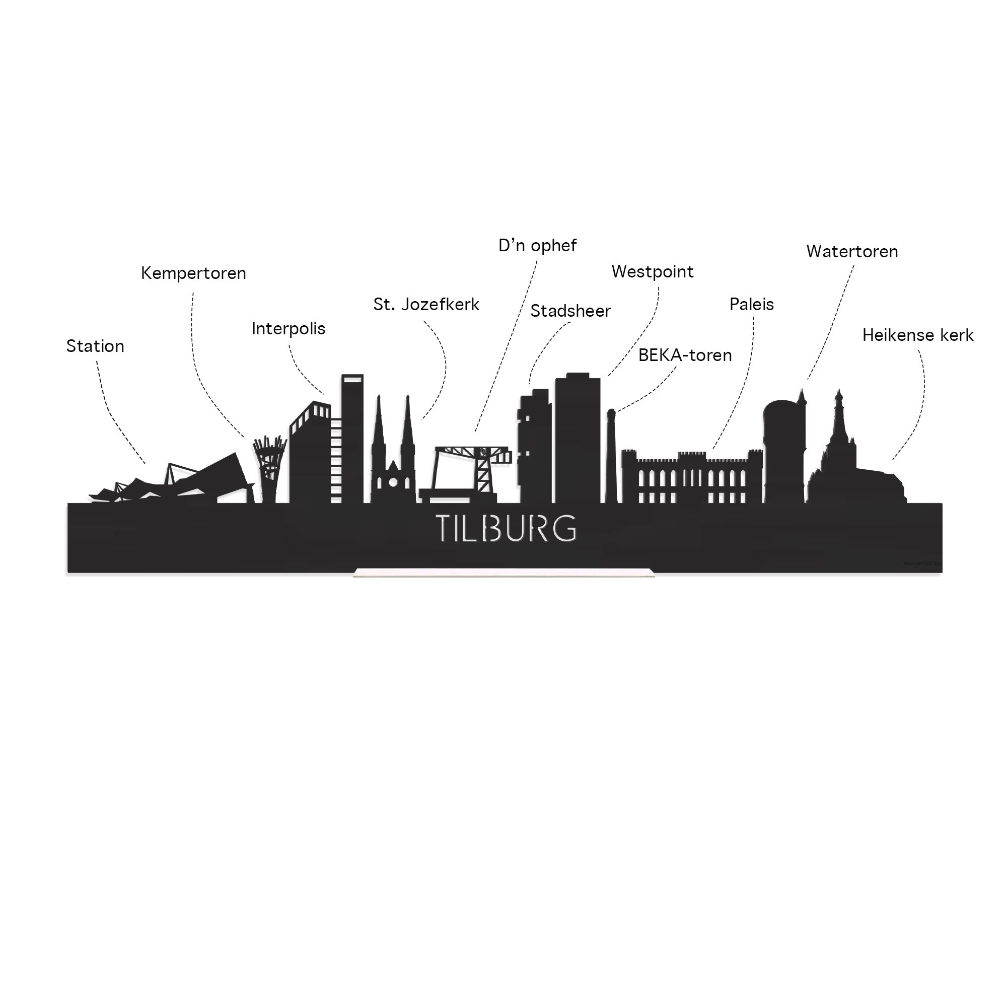 Skyline Klok Tilburg Zwart Glanzend houten cadeau decoratie relatiegeschenk van WoodWideCities