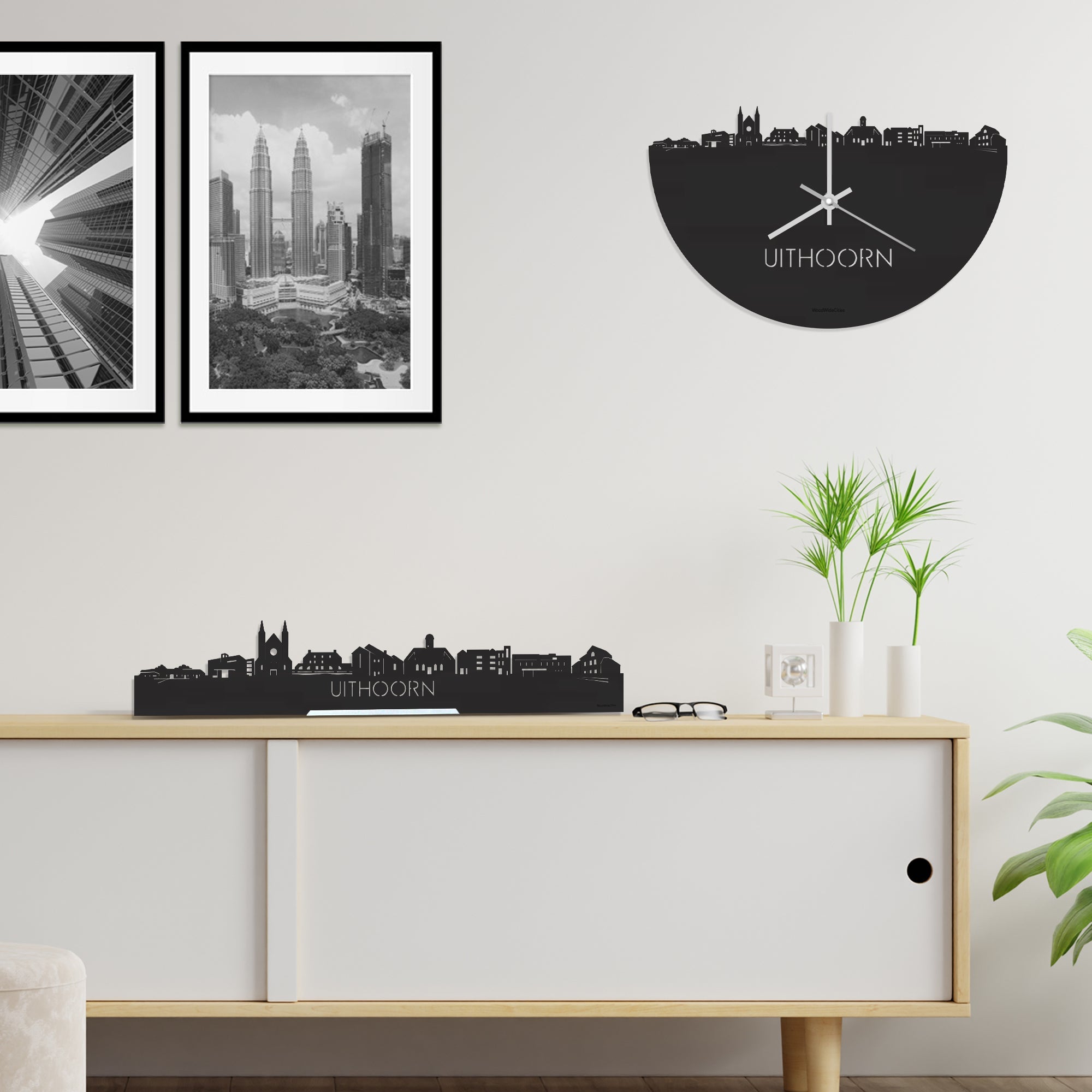 Skyline Klok Uithoorn Black Zwart houten cadeau decoratie relatiegeschenk van WoodWideCities