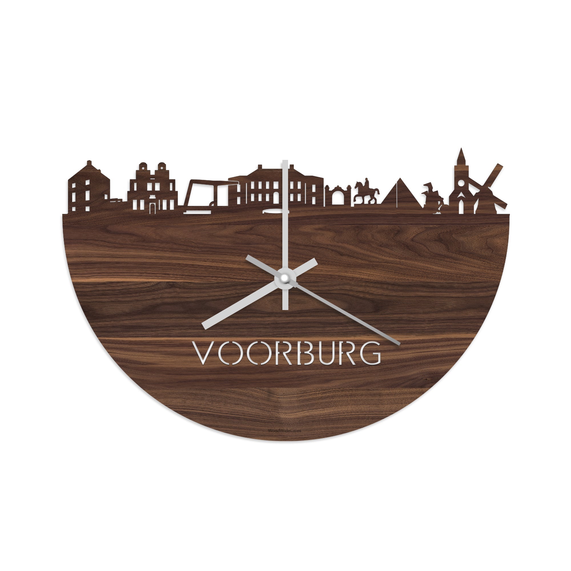 Skyline Klok Voorburg Noten houten cadeau wanddecoratie relatiegeschenk van WoodWideCities