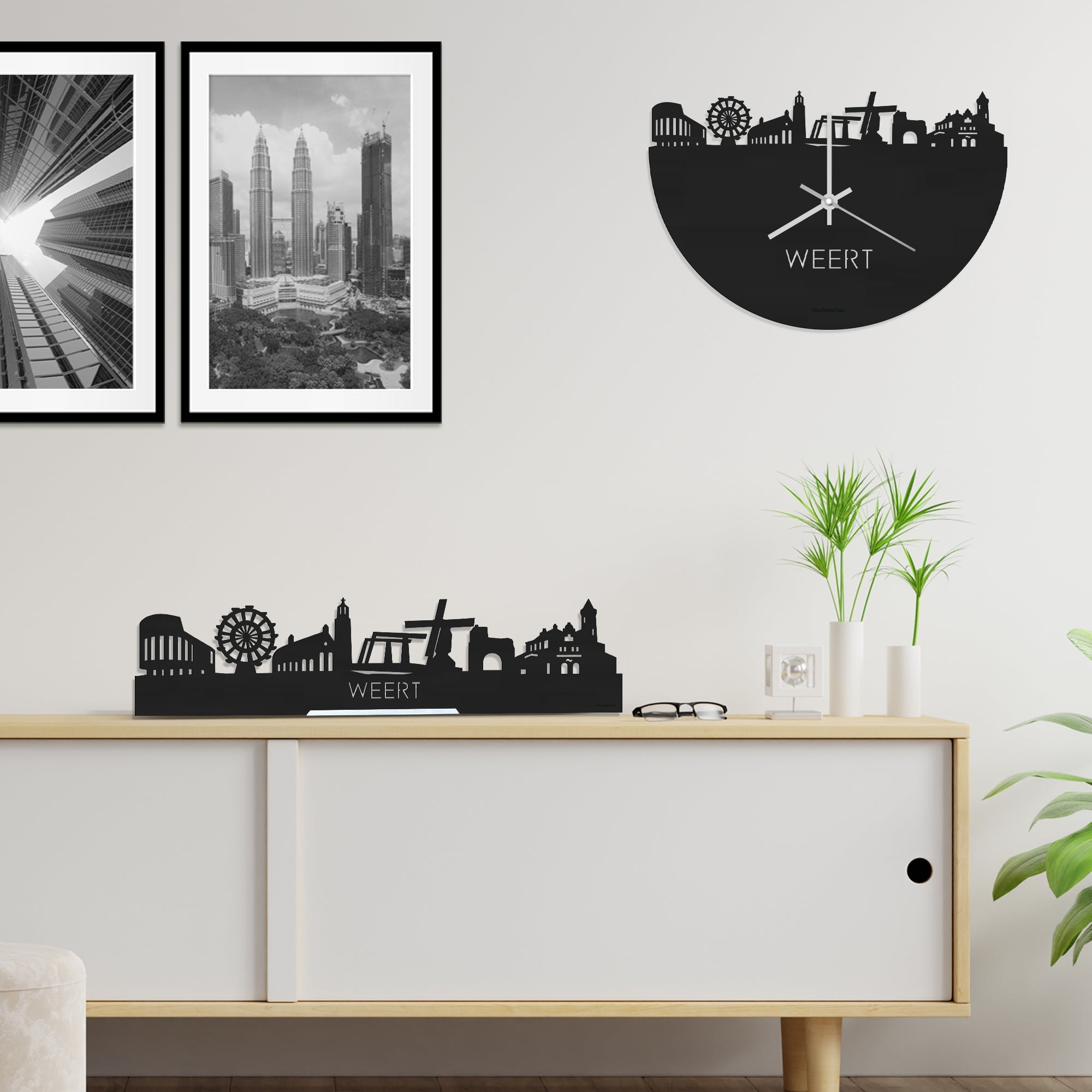 Skyline Klok Weert Black Zwart houten cadeau wanddecoratie relatiegeschenk van WoodWideCities