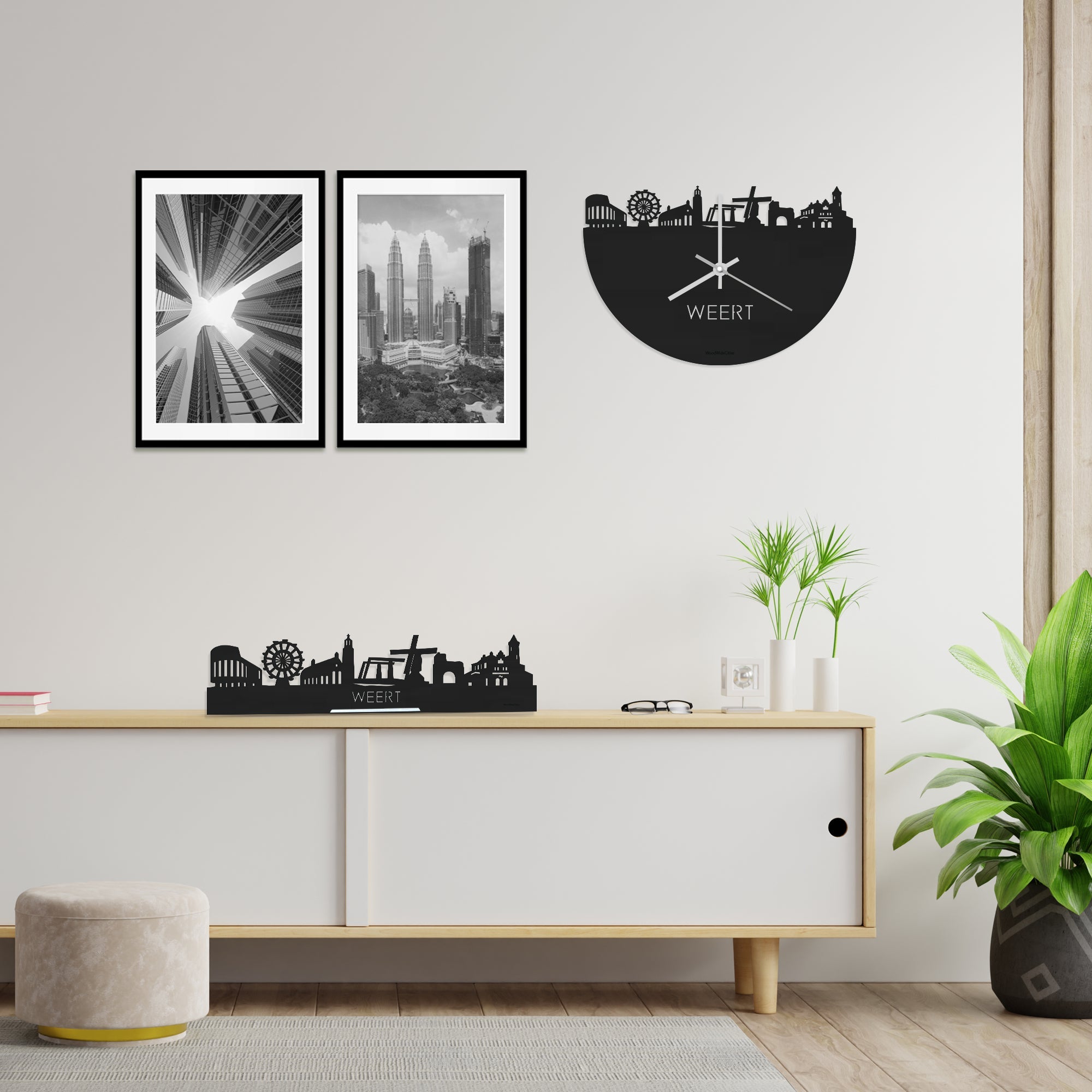 Skyline Klok Weert Black Zwart houten cadeau wanddecoratie relatiegeschenk van WoodWideCities