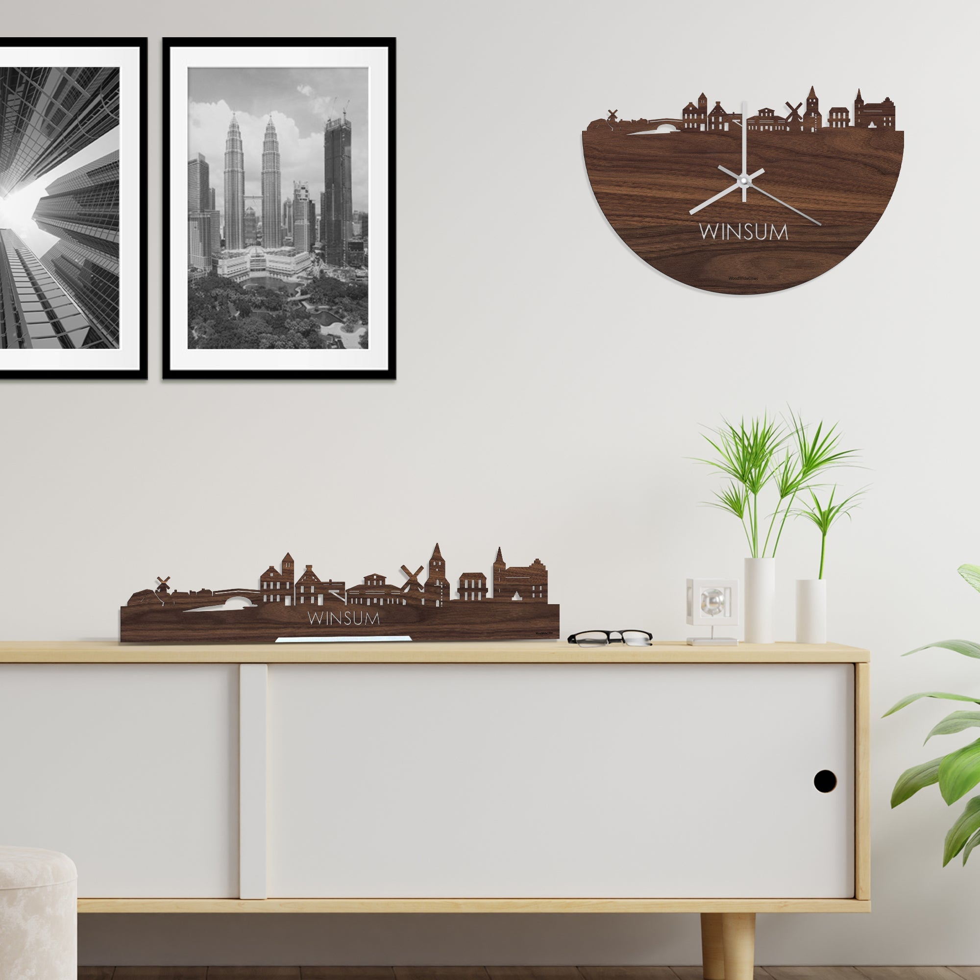 Skyline Klok Winsum Noten houten cadeau decoratie relatiegeschenk van WoodWideCities