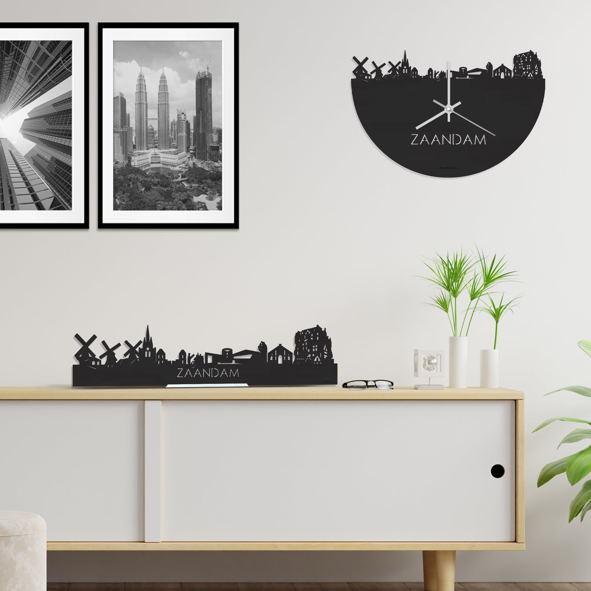 Skyline Klok Zaandam Black Zwart houten cadeau wanddecoratie relatiegeschenk van WoodWideCities